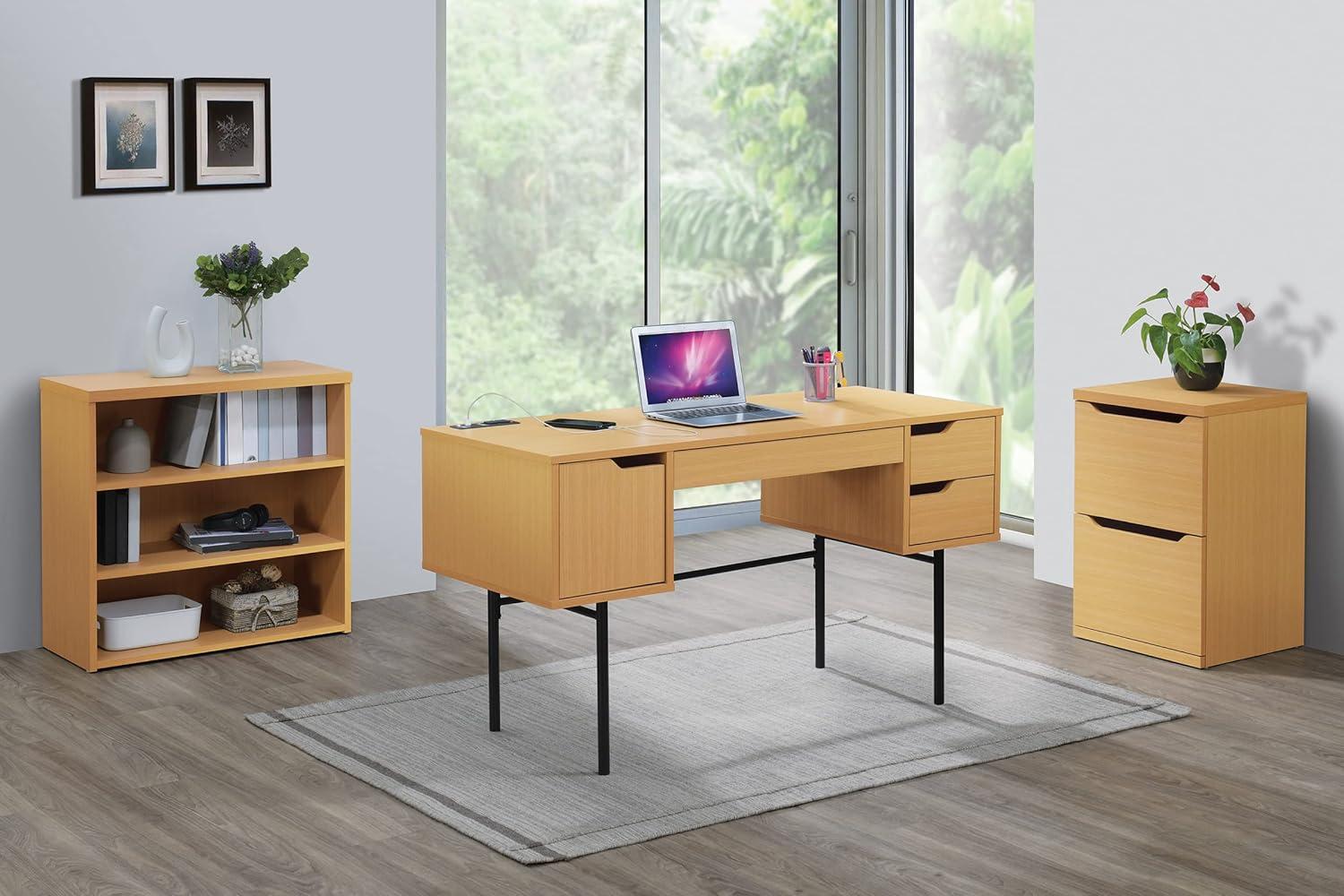 Natural Wood Executive Desk with Drawers and Power Port