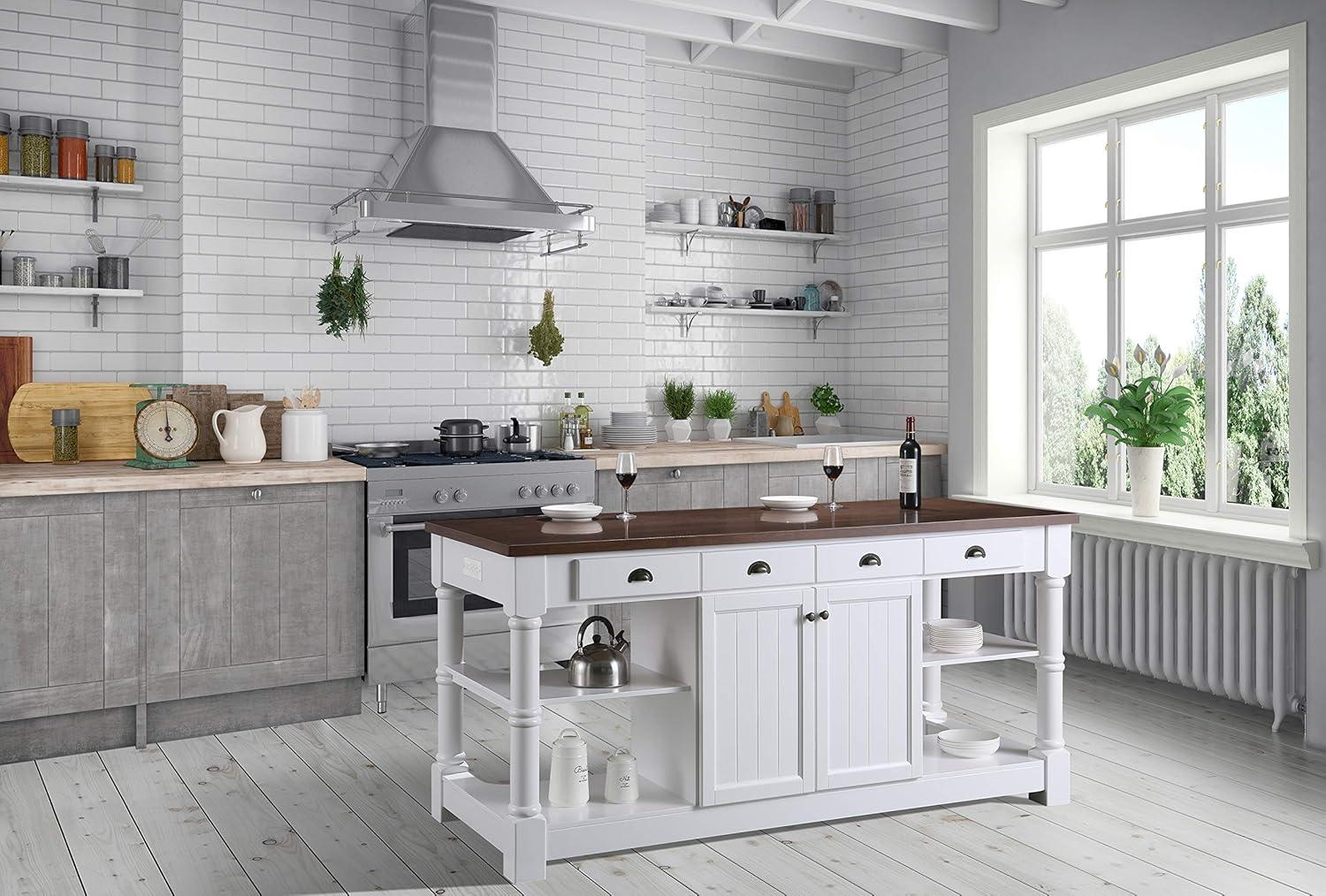 Monterey 80" White Kitchen Island with Dark Walnut Wood Countertop