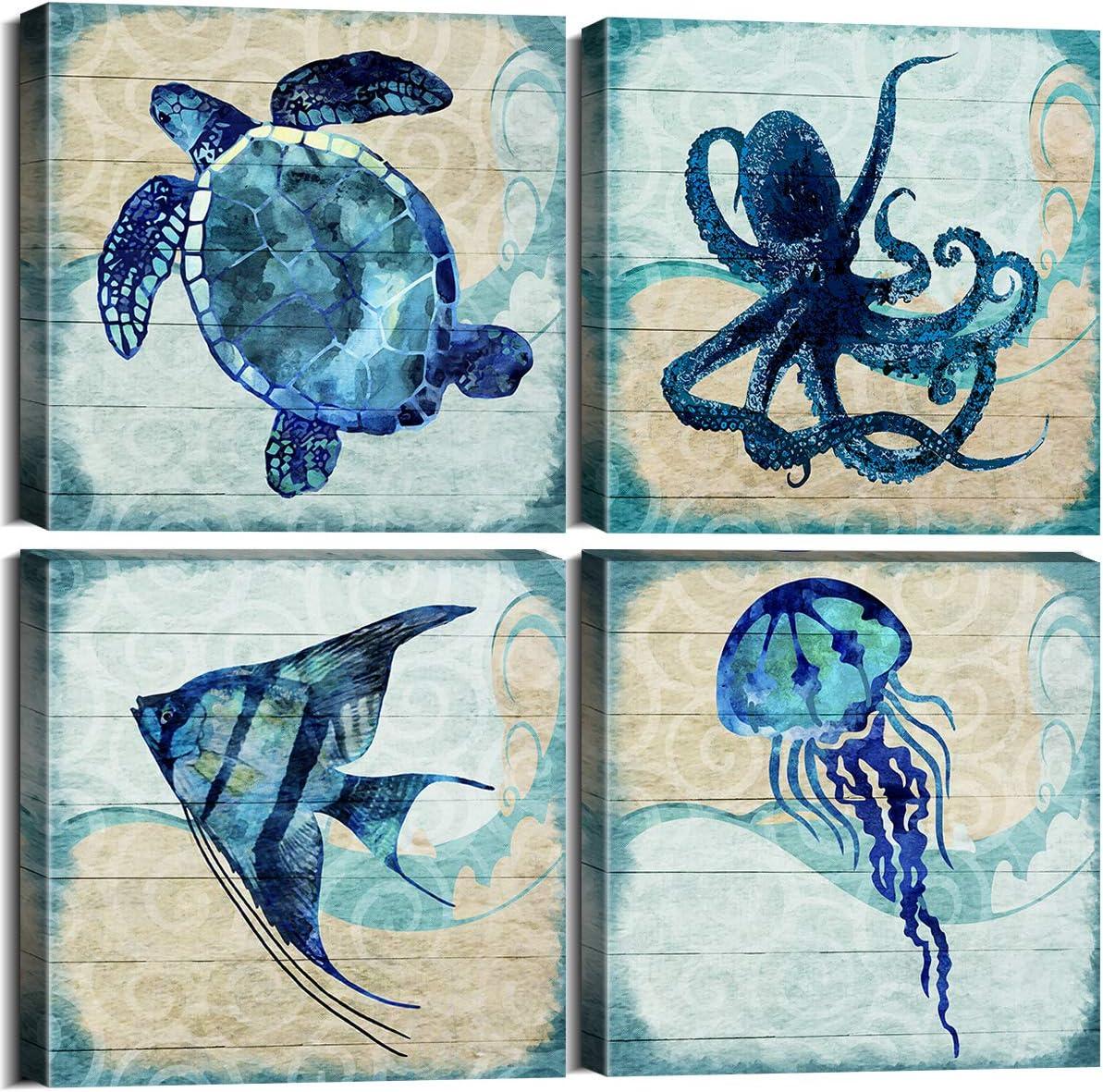 Navy Blue Bathroom Beach Decor Ocean Animals Wall Art Kids Nursery Room Paintings Canvas Rustic Sea Turtle Octopus Jellyfish Fish Pictures Artwork for Bedroom Living Room Home Decorations 16x16” 4Pcs
