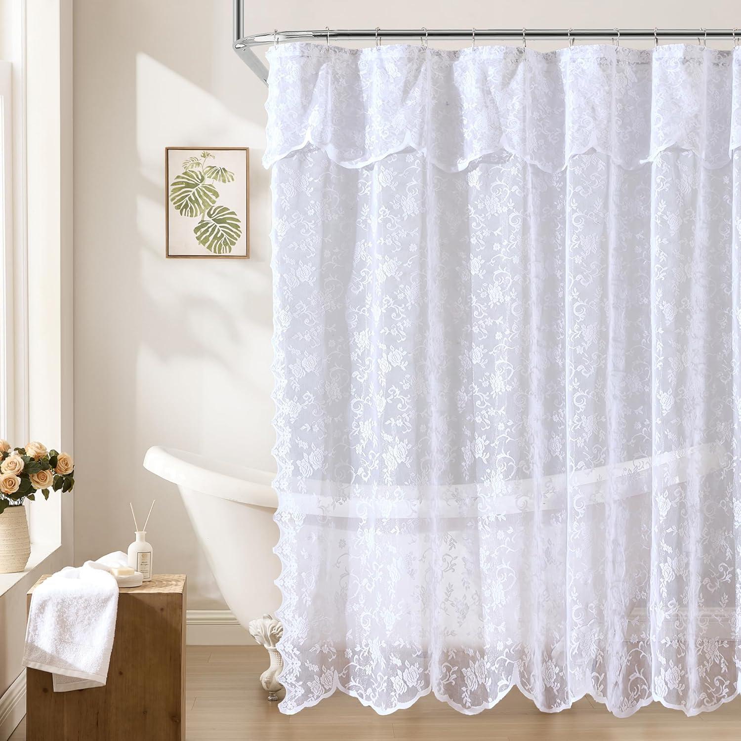 HLC.ME Harper Lace Shower Curtain for Bathroom with Floral Vine Design and Attached Valance – Elegant Victorian Classic Style - White, 72 W x 84 L