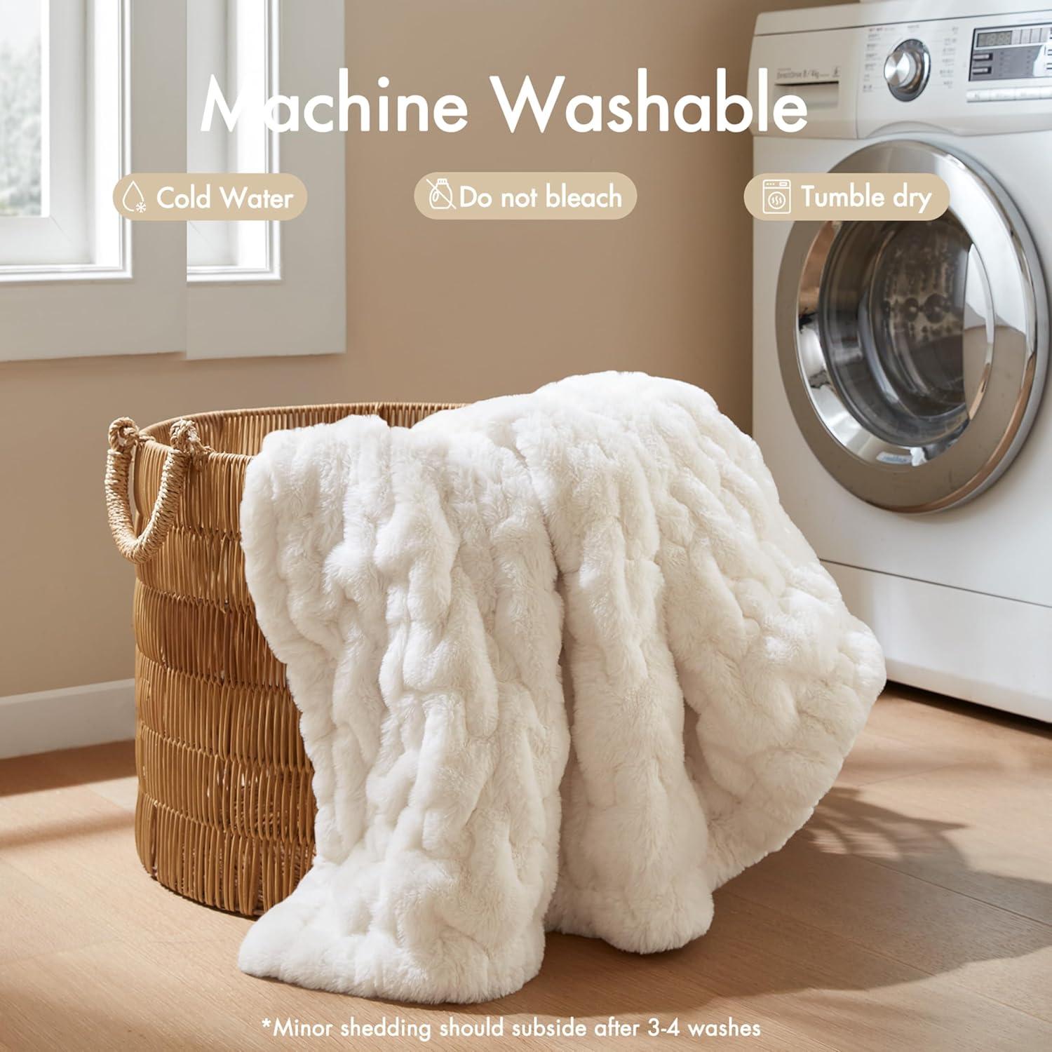 Madison Park Ivory Ruched Fur Throw 50x60"