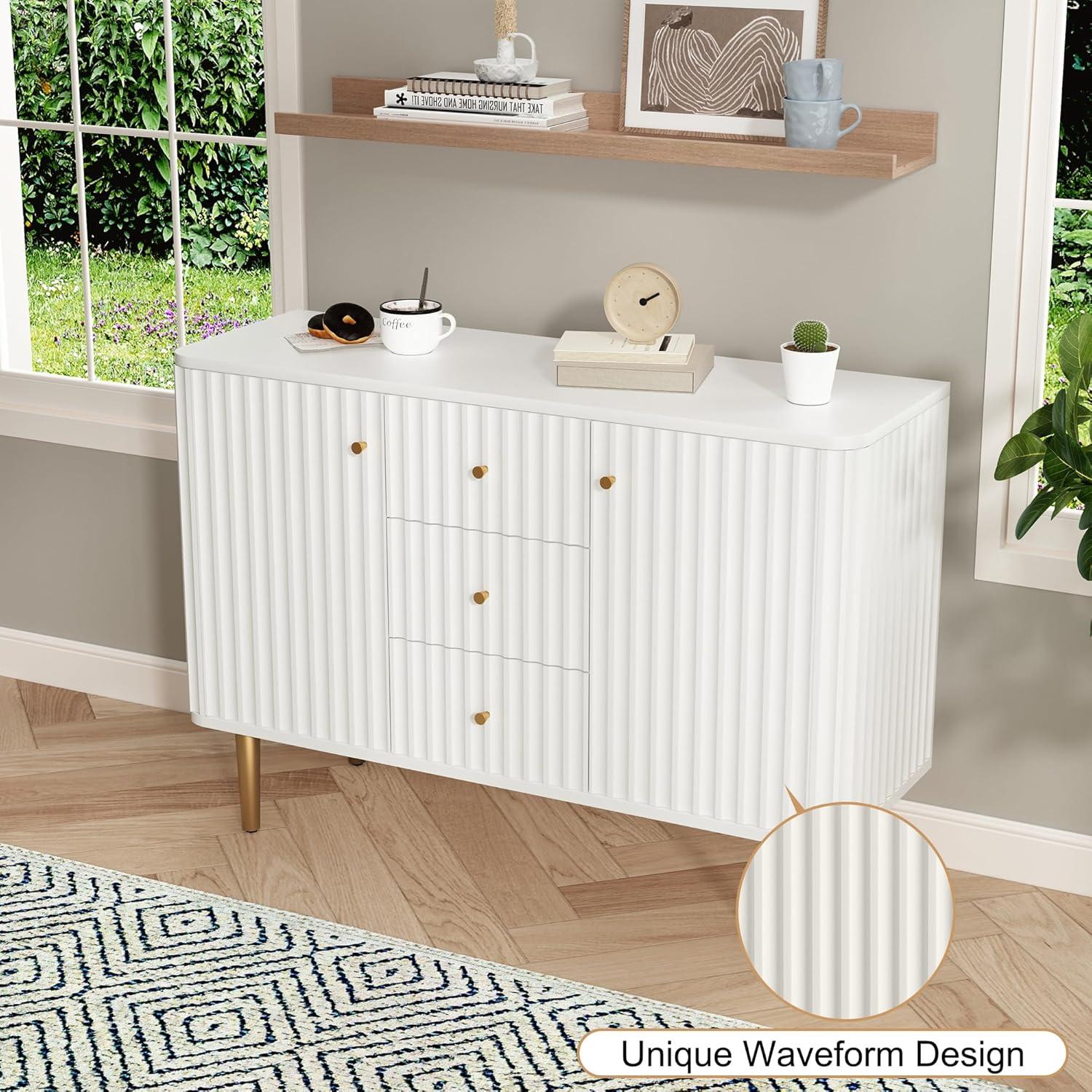 Lunale 48" 3-Door Storage Buffet Cabinet, Cabinet with Vertical Stripes Design Doors and Metal Handles for Living Room, White
