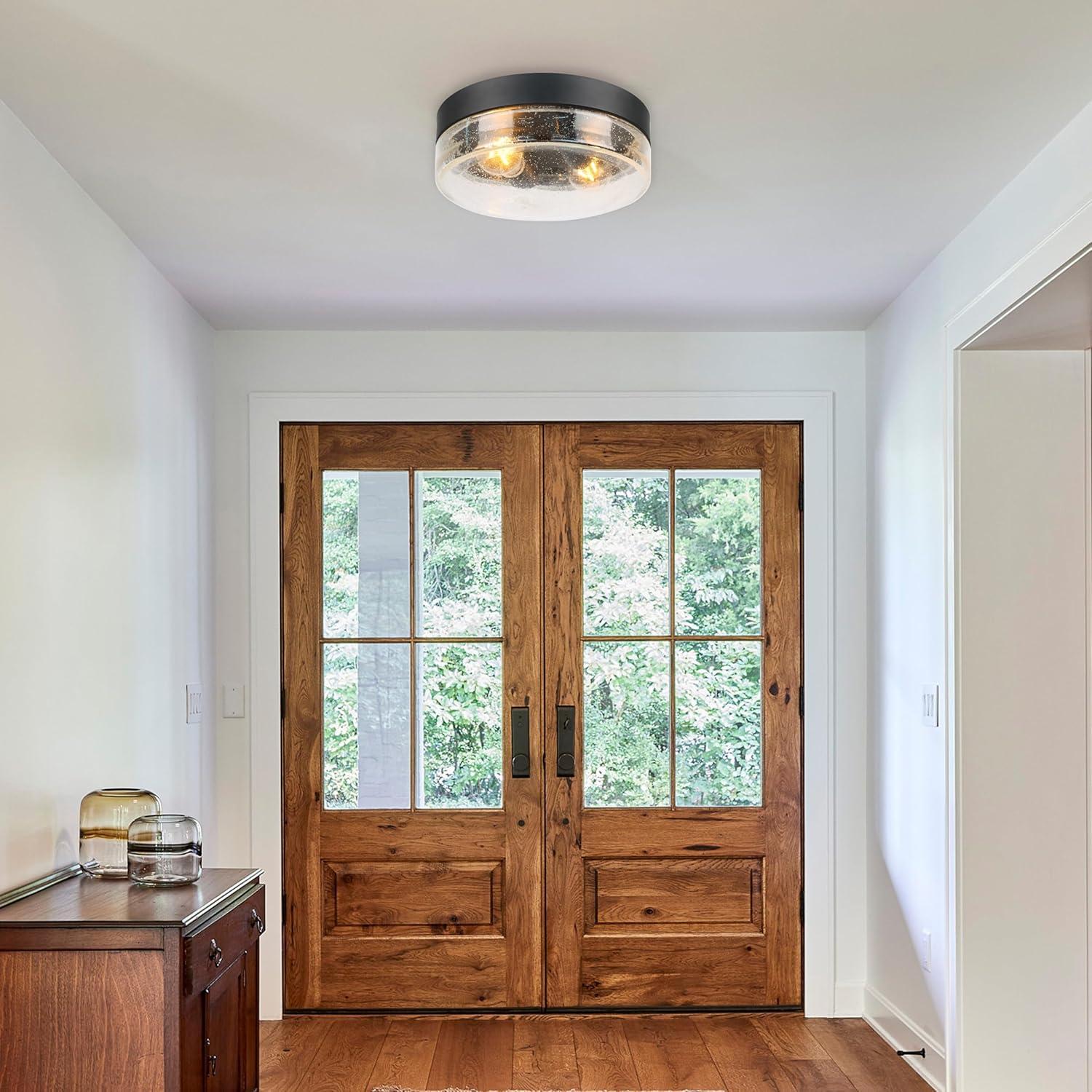 Matte Black 2-Light Flush Mount Ceiling Fixture with Seeded Glass Shade