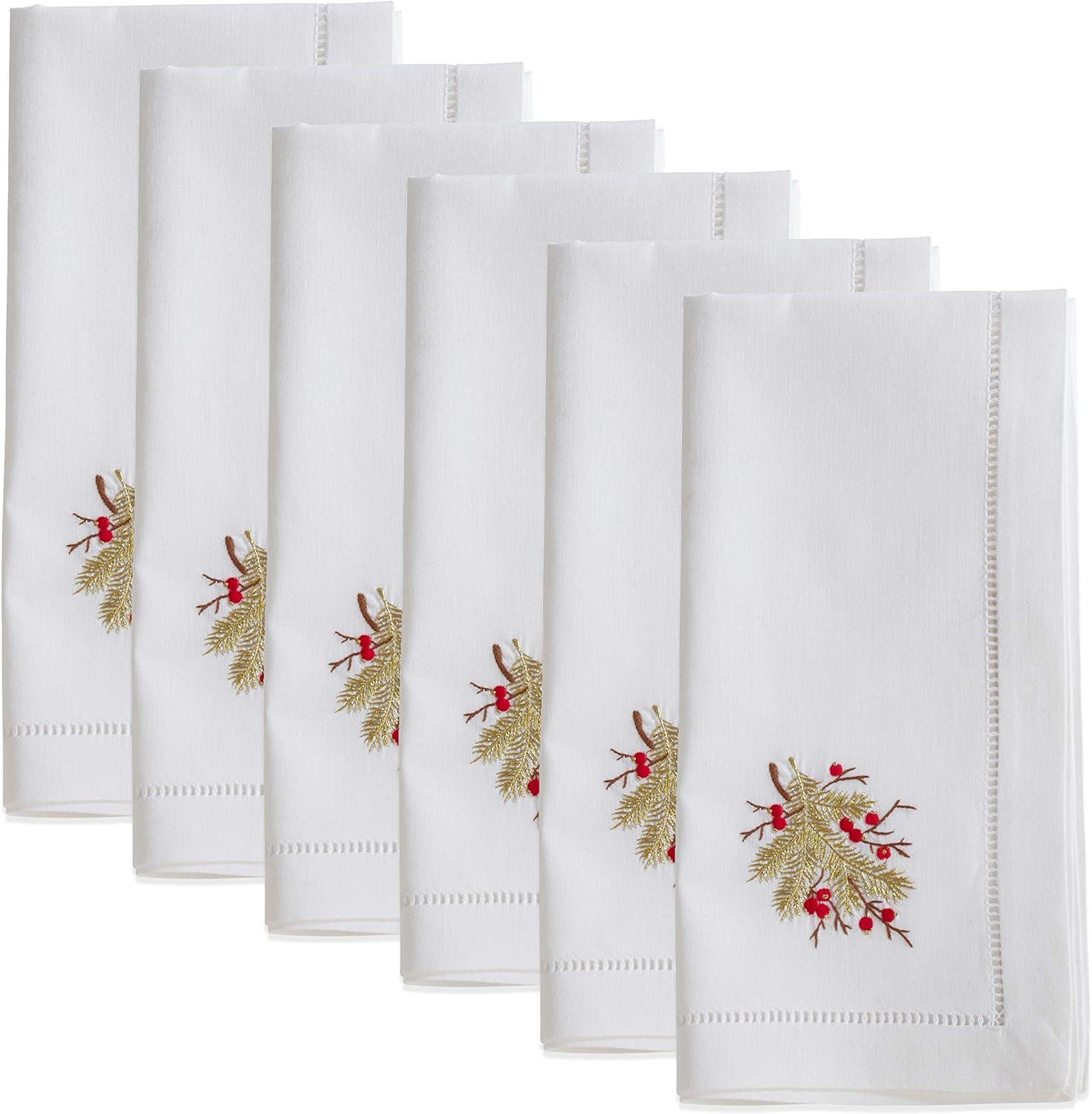 Saro Lifestyle Embr'd Berry Branch Napkin, 20" Square, White (Set of 6)