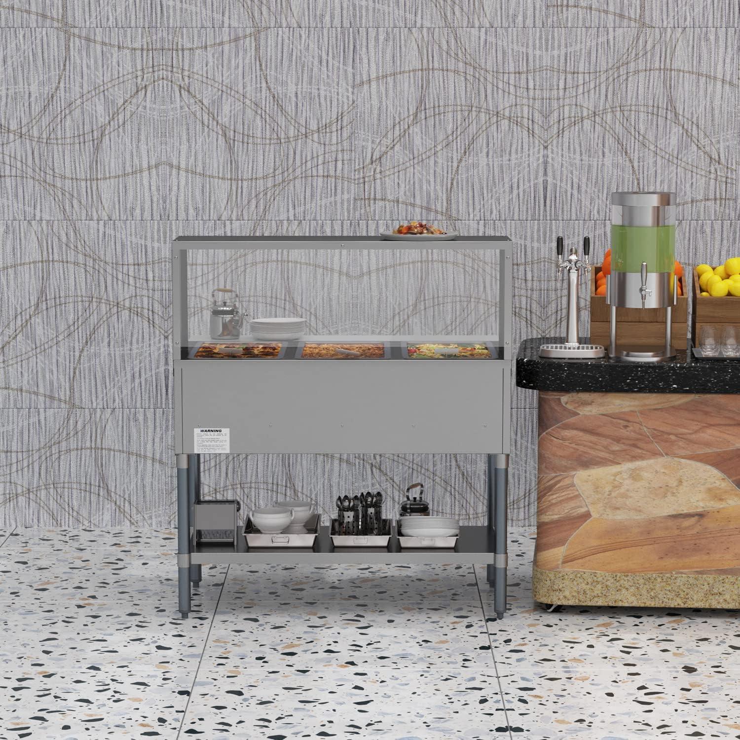 Five Pan Open Well Electric Steam Table with Undershelf and Sneeze-Guard, 240V, KM-OWS-5SG.