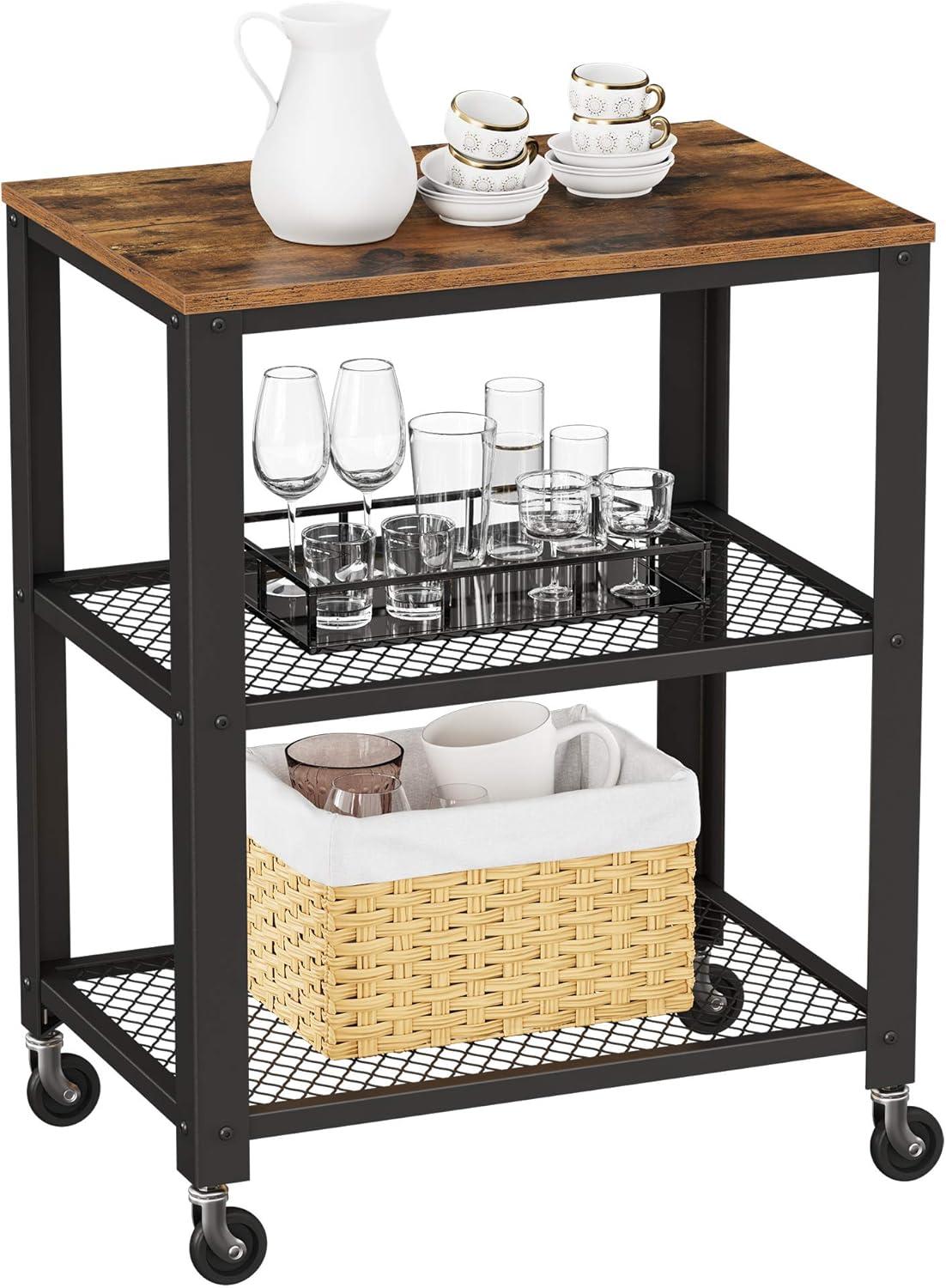 Rustic Brown and Black 3-Tier Industrial Serving Cart with Storage