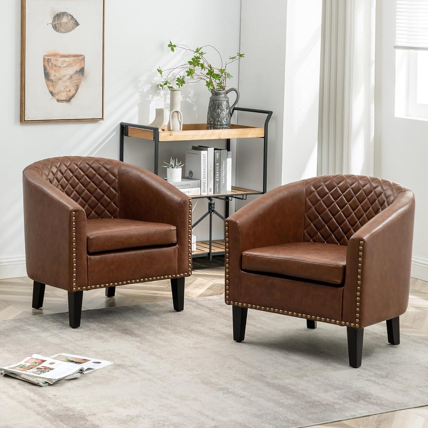 Brown Faux Leather Barrel Chairs with Nailhead Trim, Set of 2