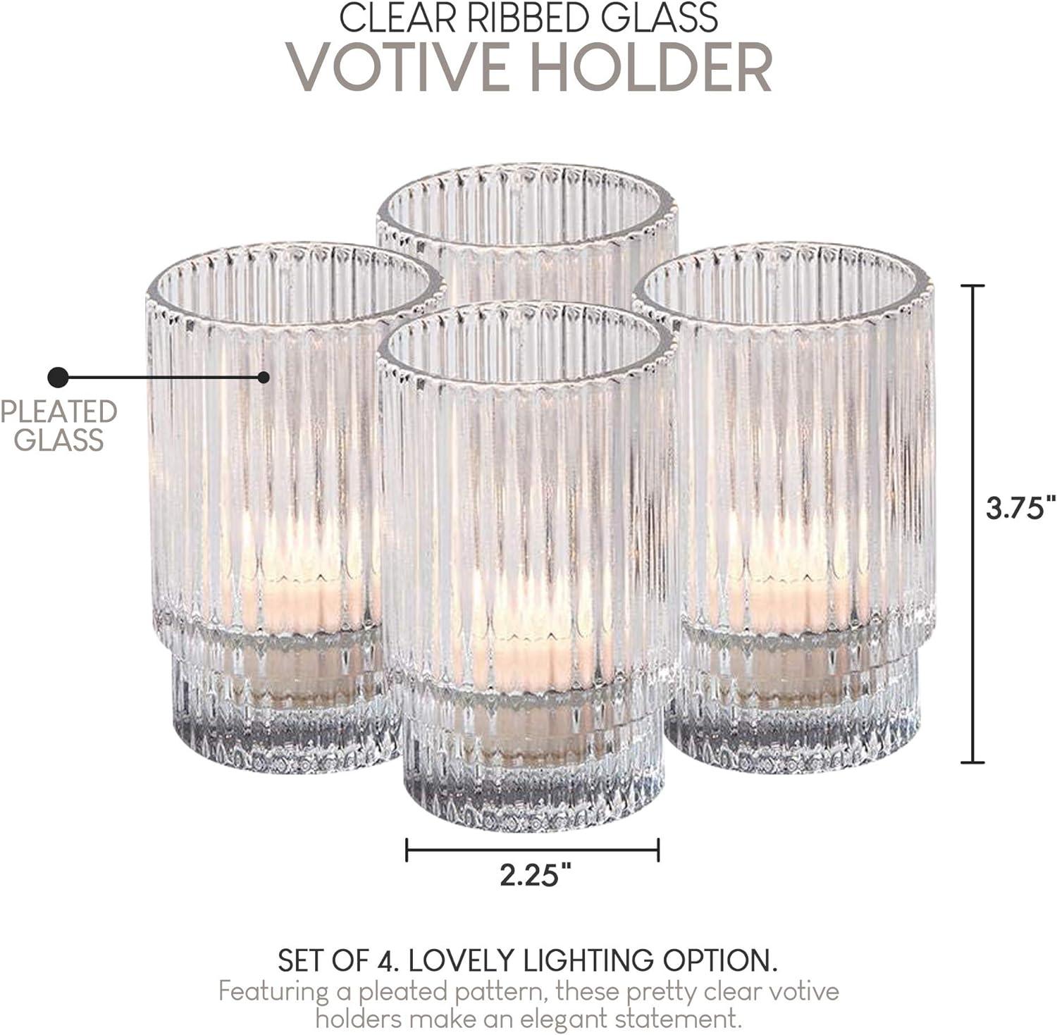 Serene Spaces Living Set of 4 Short Clear Ribbed Glass Votive Holder, Perfect for Weddings and Home Décor, Measures 3.75" Tall and 2.25" Diameter