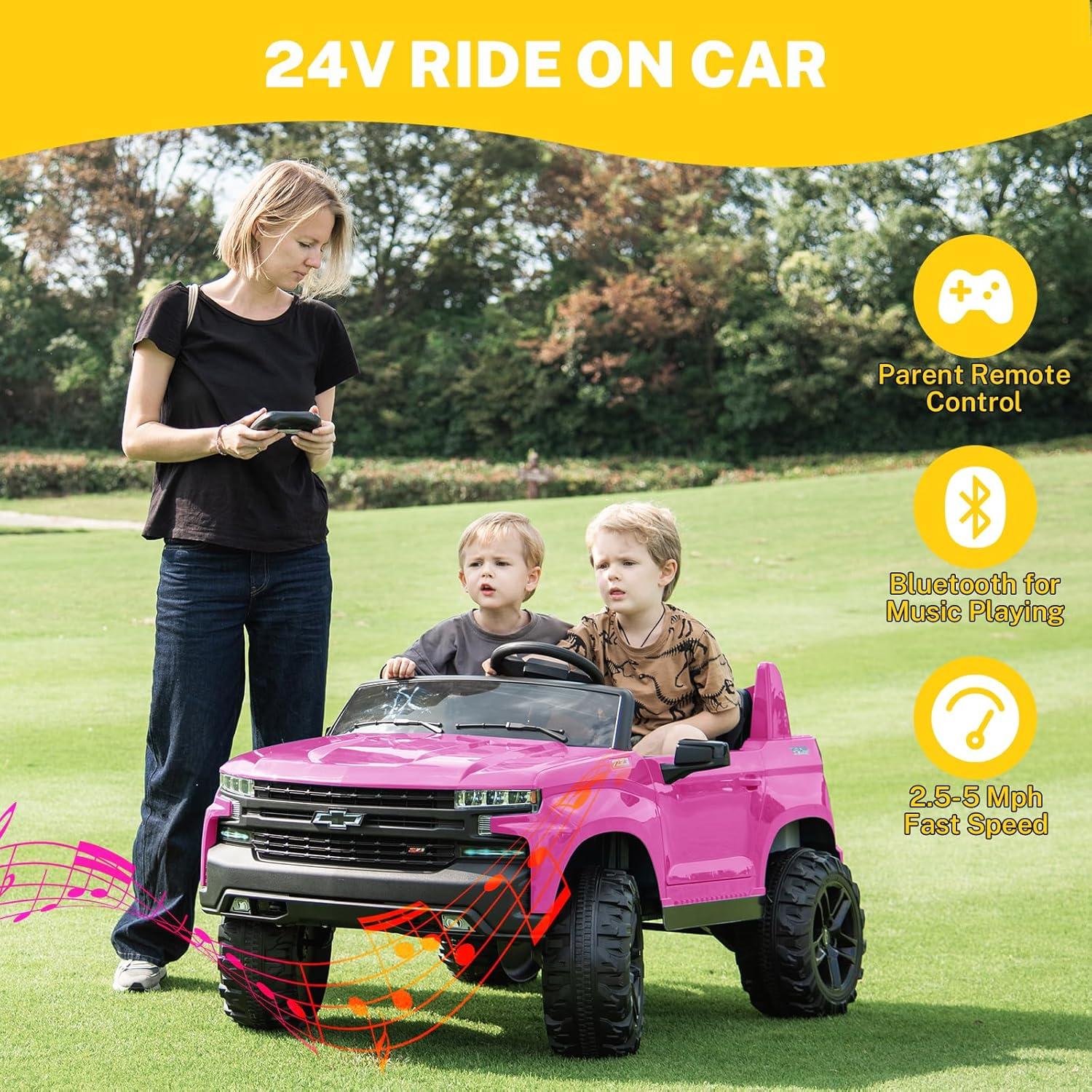 Chevrolet Silverado Autos Ride on con Motor de 24 V para Niños, Juguetes Ride on Extra Grandes de 2 Asientos con Control Remoto, Luz LED, Reproductor de MP3, Vehículos Eléctricos Camión Ride on para Niños y Niñas, Regalos, Azul