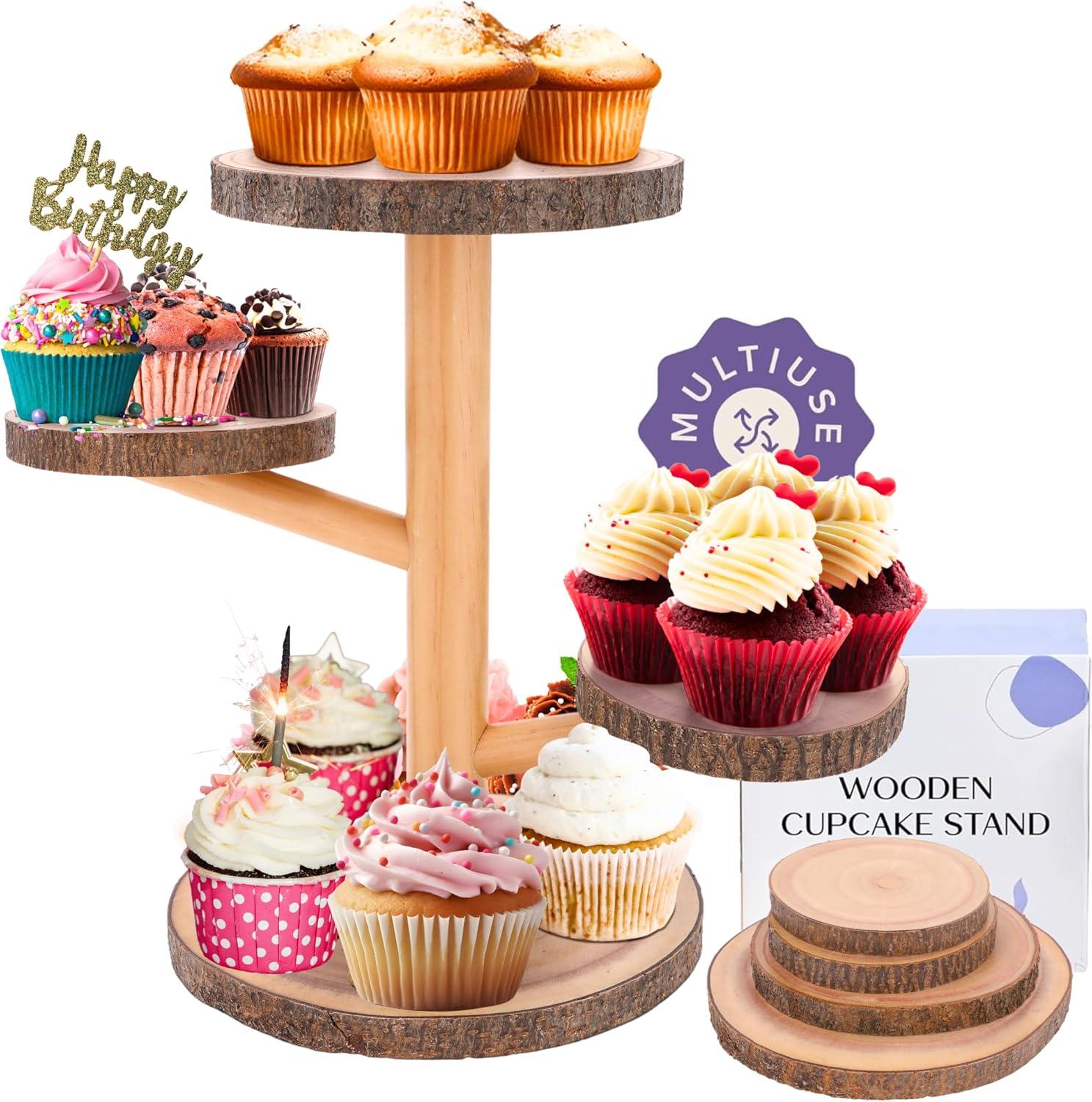 Wooden Cake Stand Rustic, 10-11 inch Multifunctional 2-in-1 Wedding Rustic Cake Stand, Wood Display Tray for Appetizers, Desserts, Charcuterie Board, Farmhouse Tree Stump Style, Sturdy, Easy to Clean