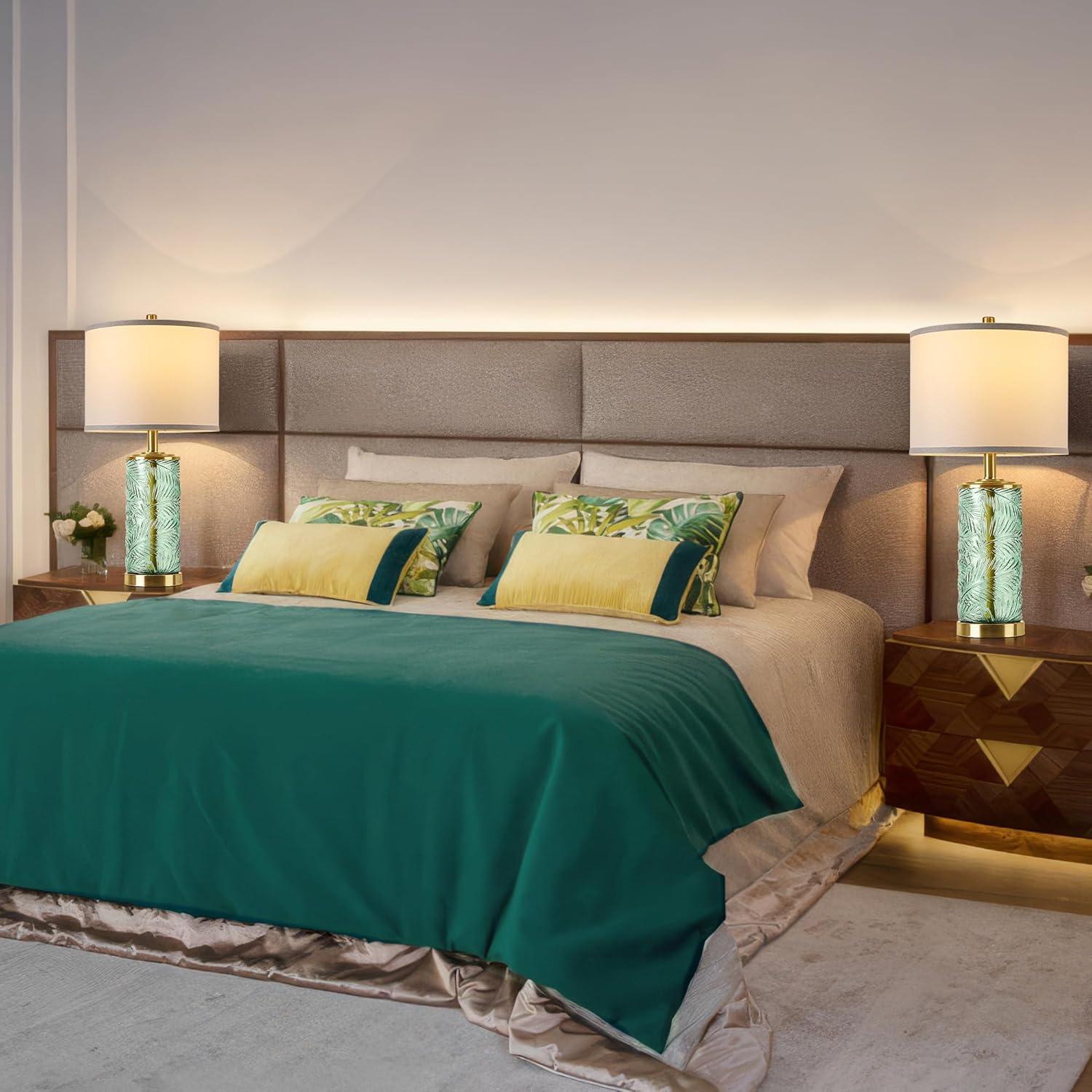 QiMH Glass Table Lamp Set of 2, Modern Gold Bedside Lamp with Stereo Palm Leaves Vein Glass for Living Room, Green Nightstand Lamps for Bedroom Home Office Reading Decor(Bulbs & Shades Included)