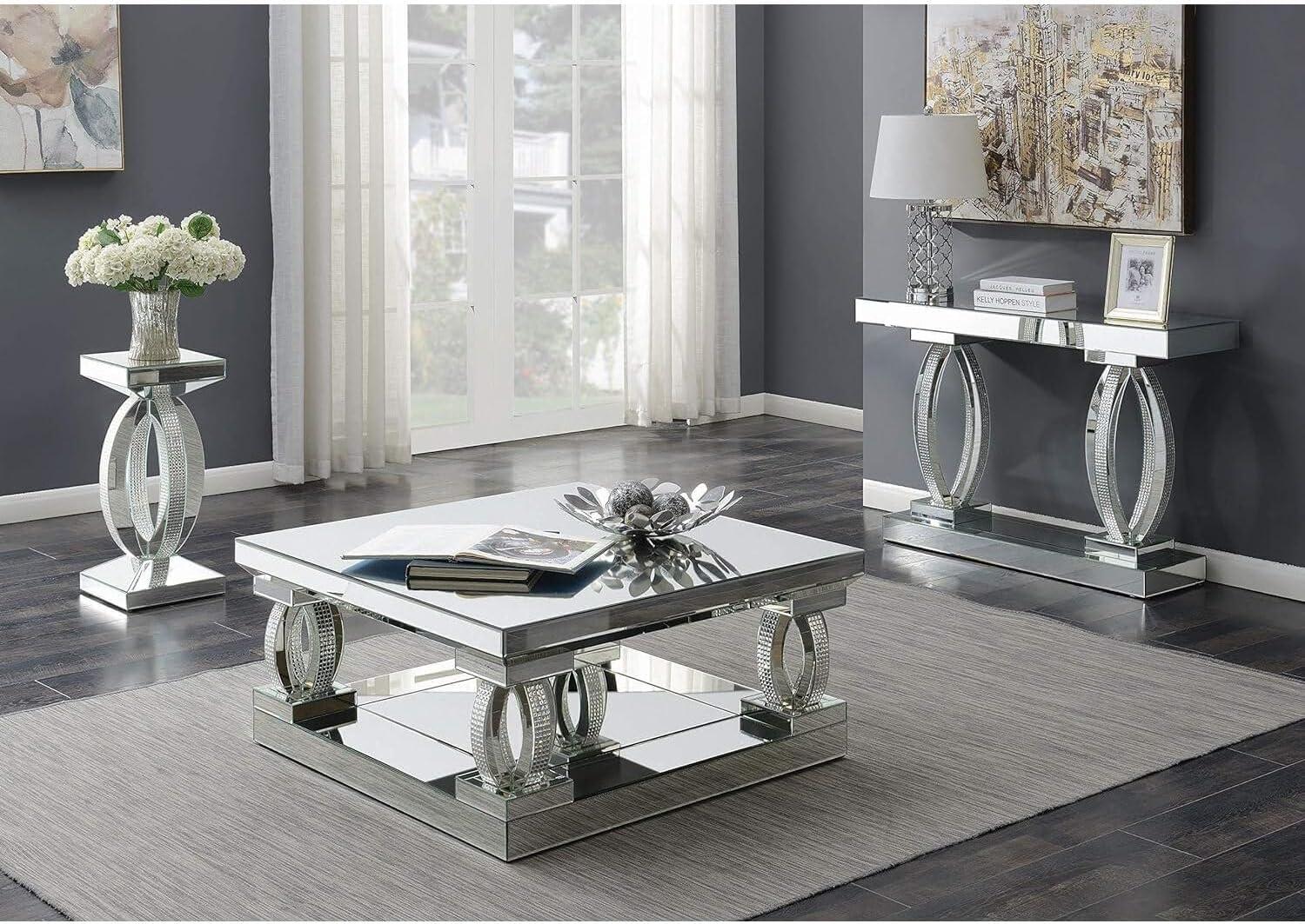 Sleek Silver Mirrored Accent Console Table with Storage