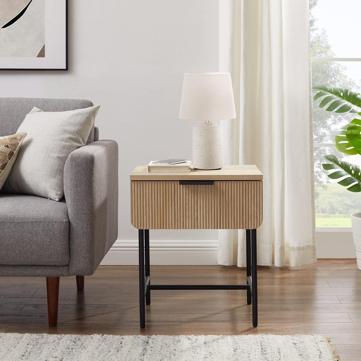 Saracina Home Modern Fluted 1 Drawer Side Table Coastal Oak/Black