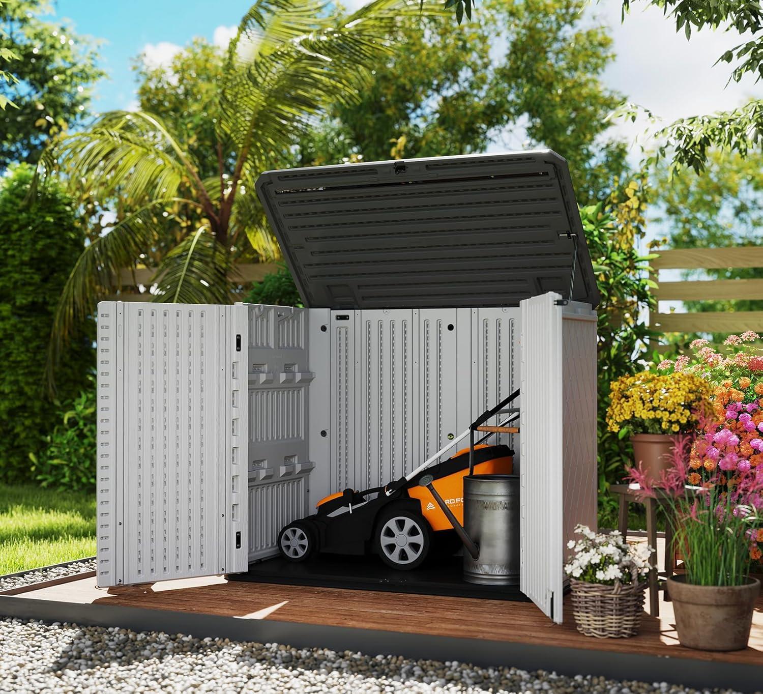 ADDOK 34 Cu.ft Outdoor Storage Shed, Horizontal Storage Unit Weather Resistance, Thick HDPE Resin Storage Cabinet for Backyards, Patio, Garden(White)