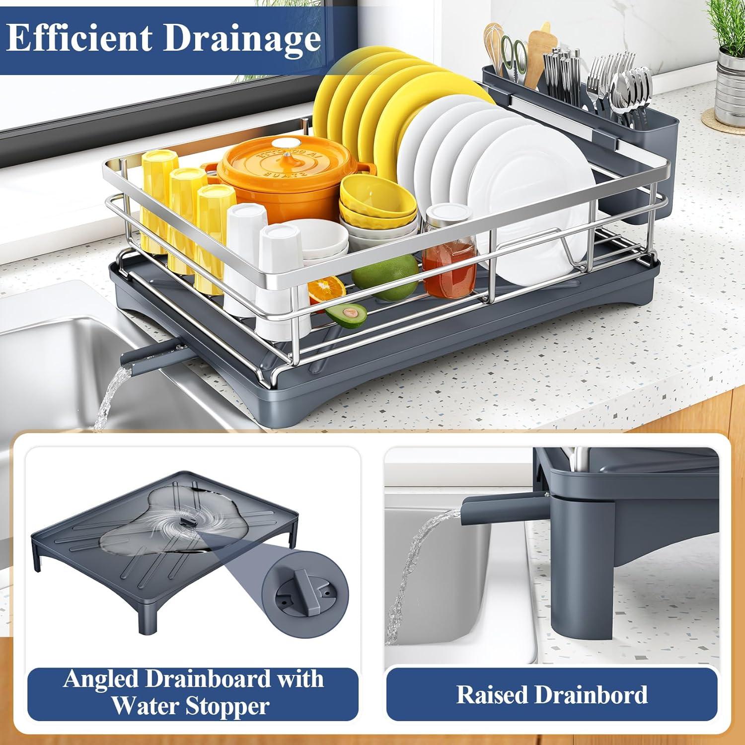 BEACHWATER POOL & SPA, LLC Dish Drying Rack For Kitchen Counter - Large Dish Rack With Drainboard, Rustproof Dish Drainer With Utensil Holder For Sink