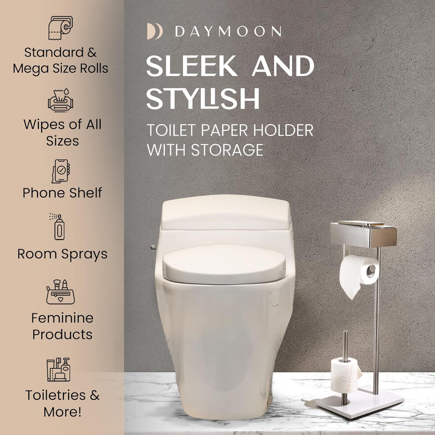 Day Moon™ Brushed Nickel Toilet Paper Holder Free Standing Toilet Paper Holder with Storage - Toilet Paper Stand and Tissue Holder for Bathroom - Toilet Paper Holder with Shelf and Wipe Holder