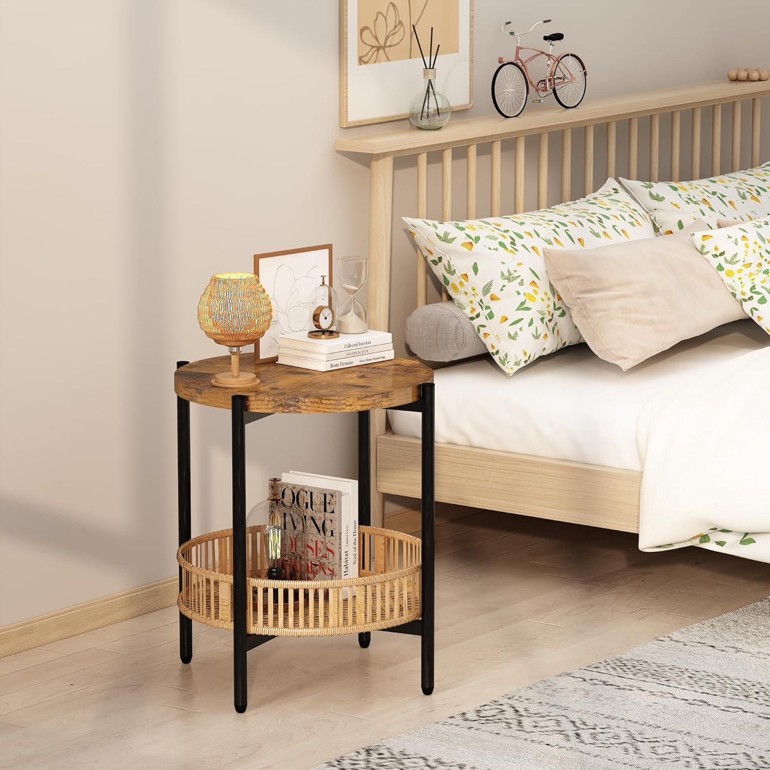 AWQM 3 Pieces Coffee Table Set for Living Room, 2 Tier Round Rattan Coffee End Side Table, Boho Living Room Table Set with Metal Frame for Bedroom Office