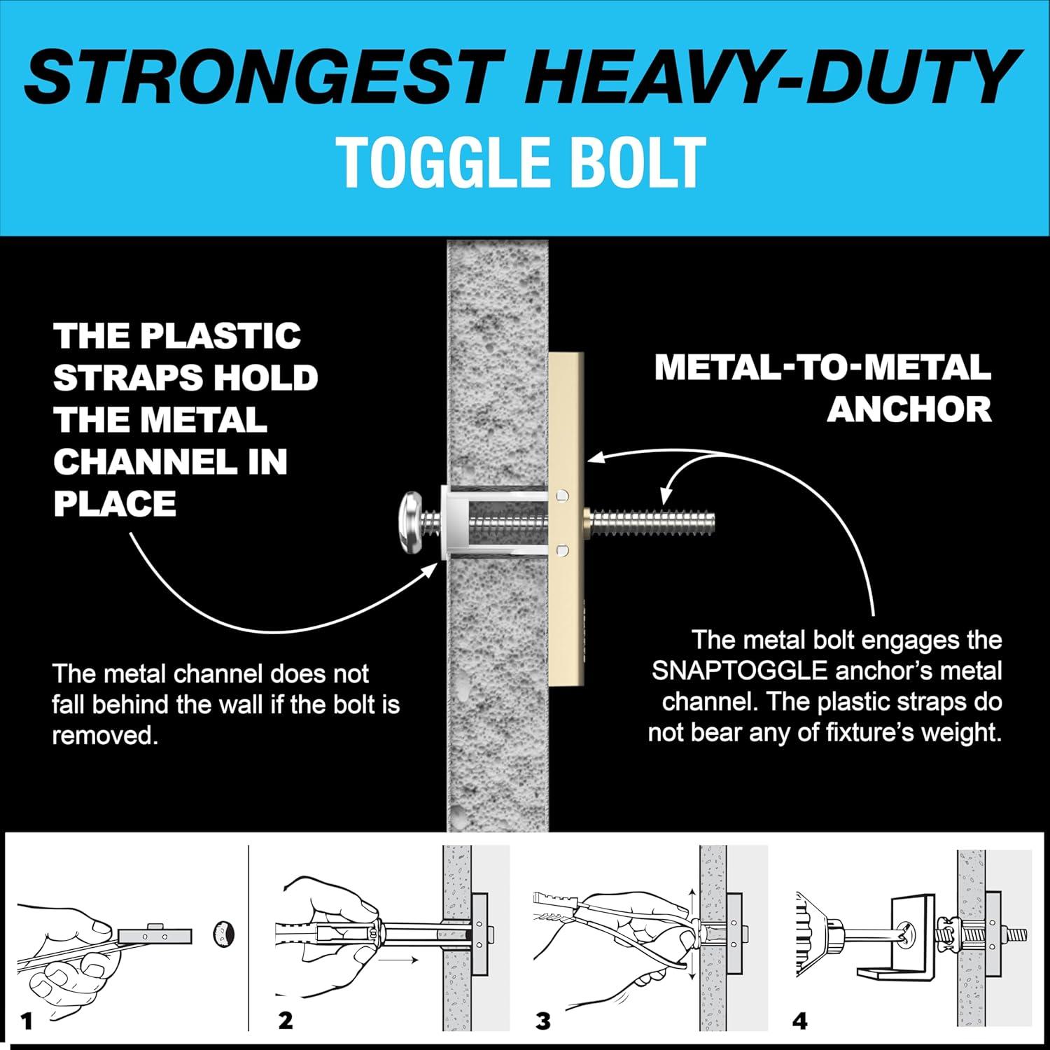 TOGGLER SNAPTOGGLE Heavy-Duty Drywall Toggle Bolt – 3/16"-24 UNC Zinc-Plated Anchor for Hollow Walls, Plaster & Tile – Holds 238 lbs in 1/2" Drywall, Easy Install – 100 Pack (W/Roundhead Bolts)