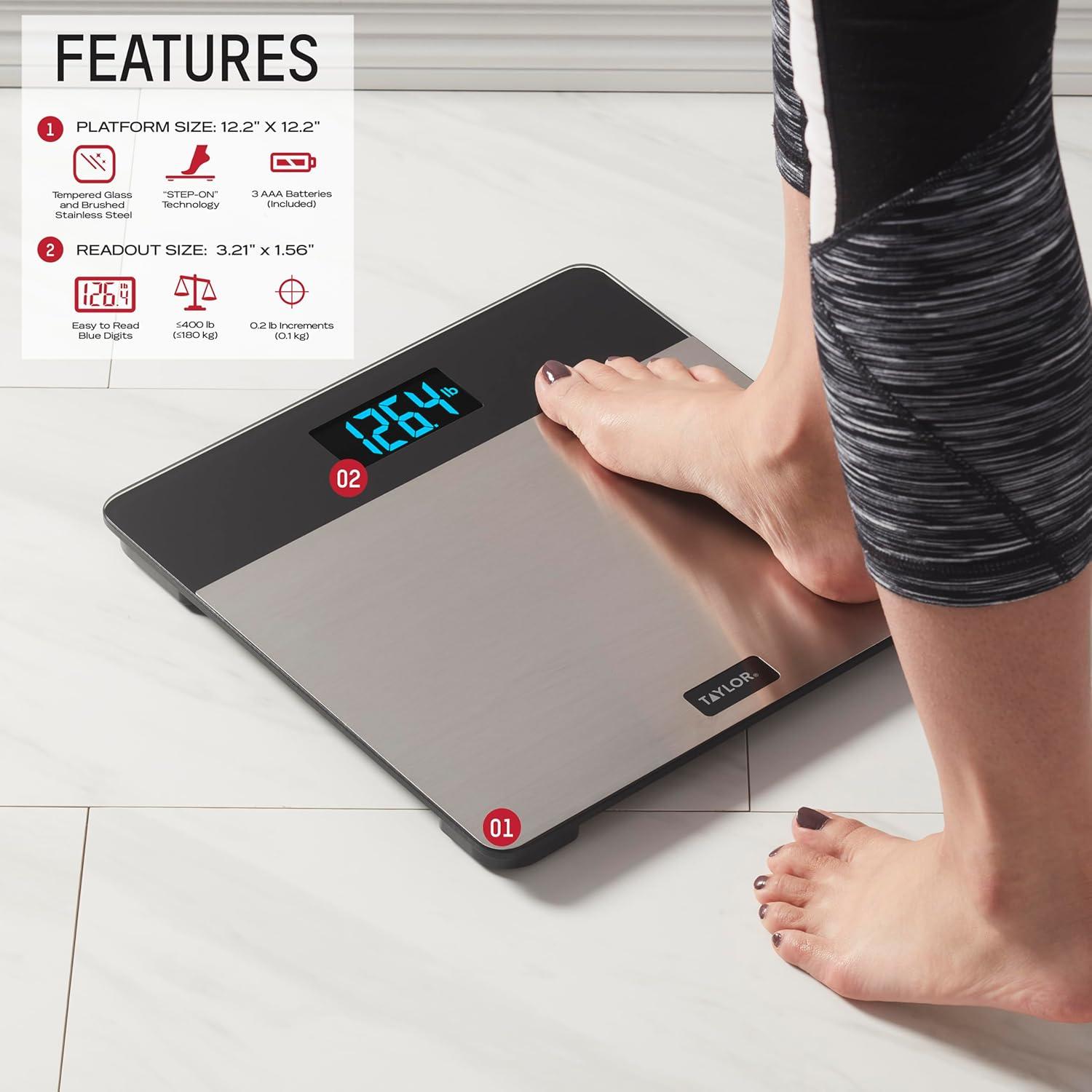 Taylor 12.2" x 12.2" LCD Body Weight Scale Battery Powered, FSA HSA Eligible, 400 lb Capacity, Stainless Steel