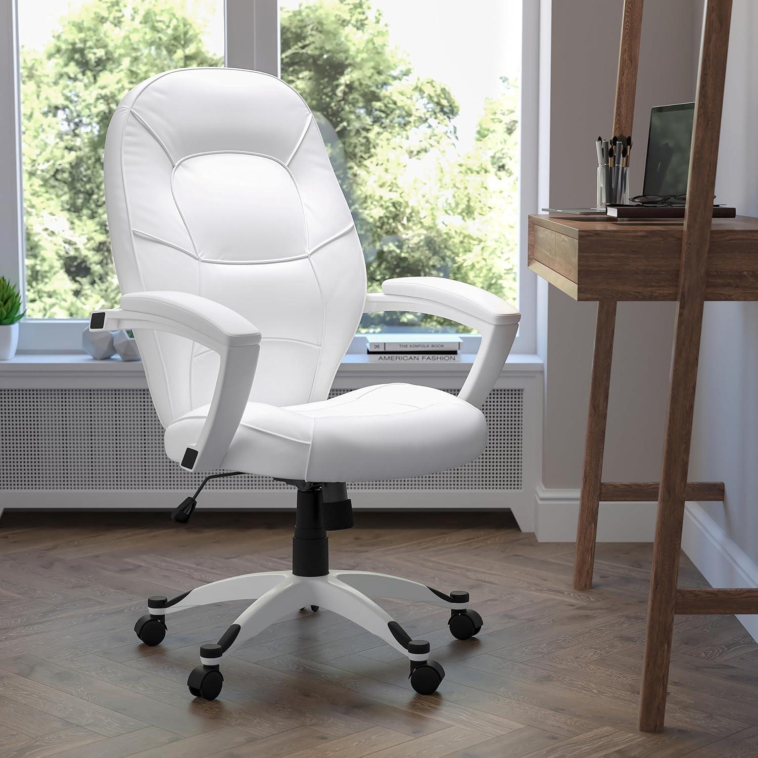 Elite High-Back White LeatherSoft Executive Swivel Office Chair with Sleek White Base