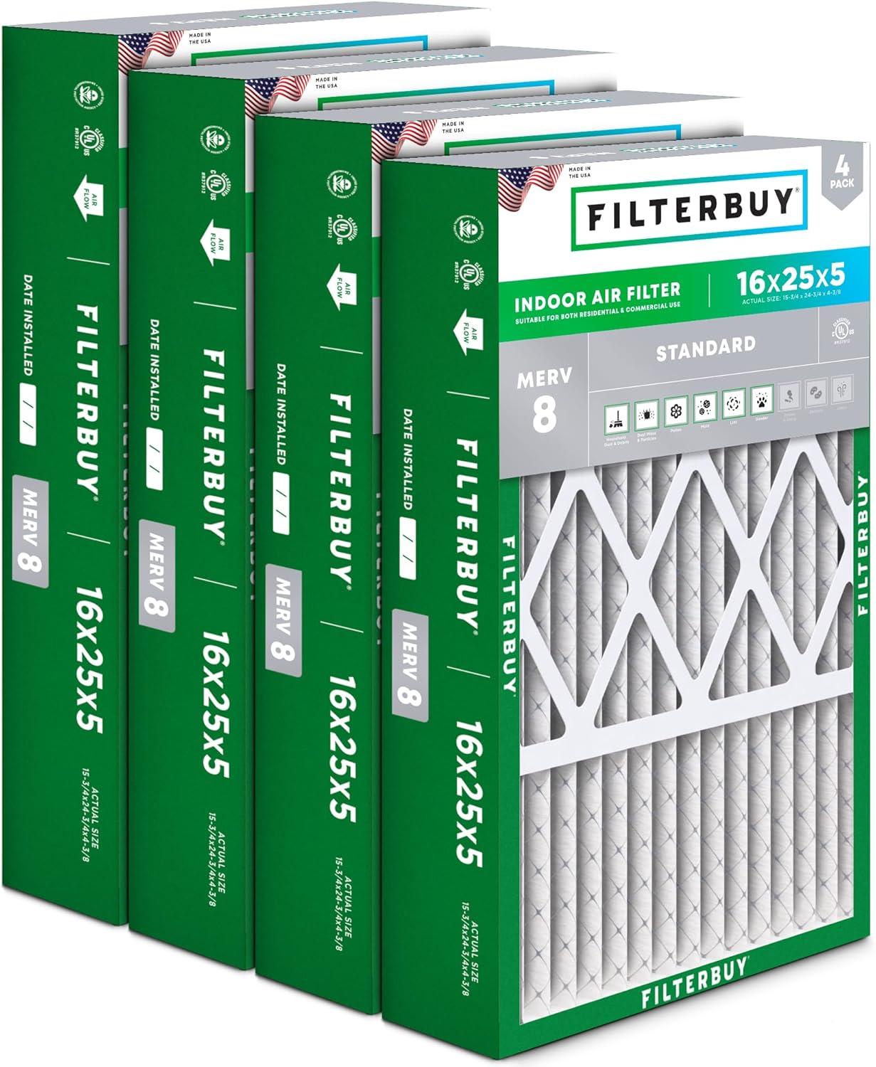 Filterbuy 16x25x5 Air Filter MERV 8, Pleated HVAC AC Furnace Filters Replacement for Honeywell