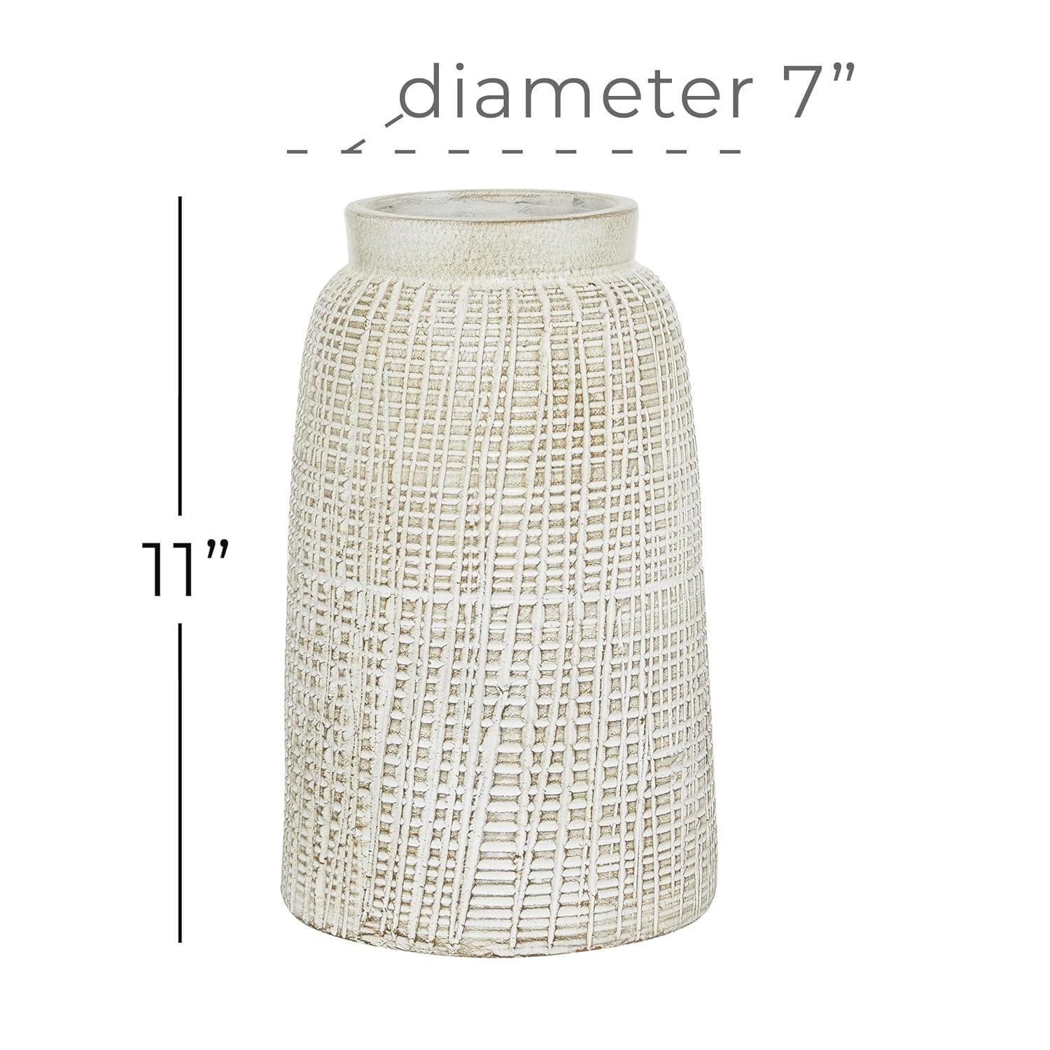 DecMode 11" Carved White Ceramic Vase with Crosshatch Design