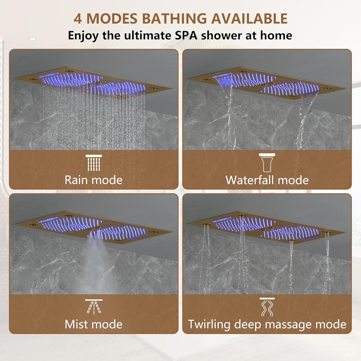 CASAINC KCHS0021-LEDBG Rodeo 27.5-Inch LED&Music Rainfall Thermostatic Shower System with Slide Bar and 2-in-1 Handheld