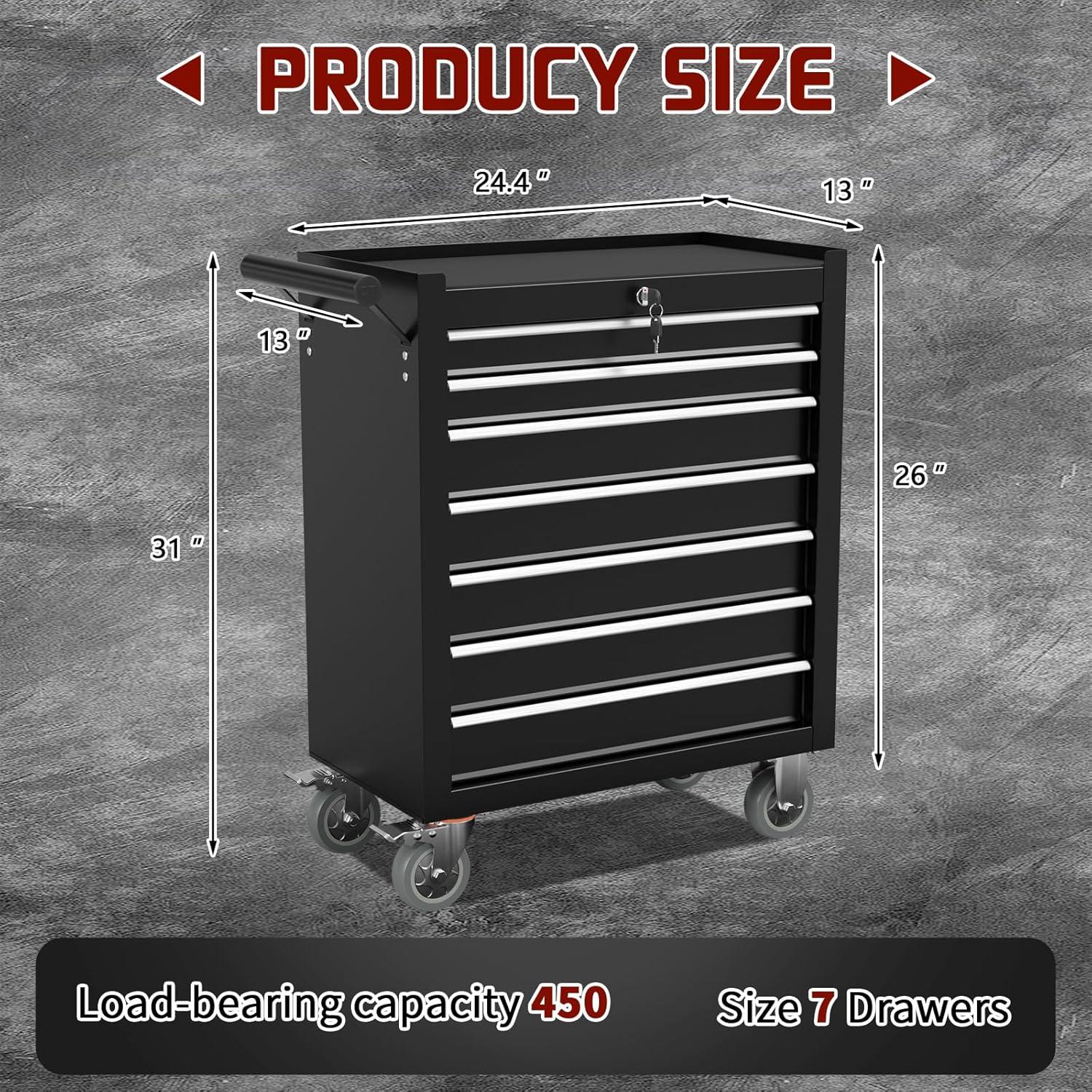 Black 7-Drawer Rolling Metal Tool Chest with Lock