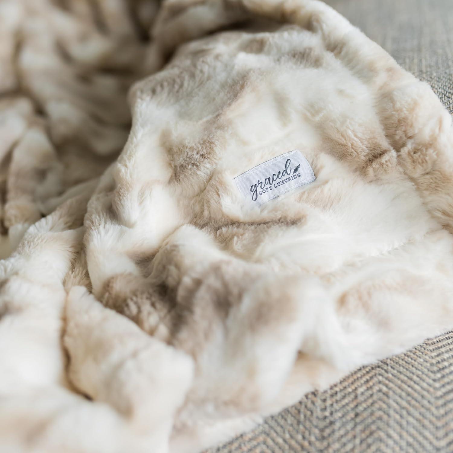 Large Marbled Ivory Faux Fur Reversible Throw Blanket