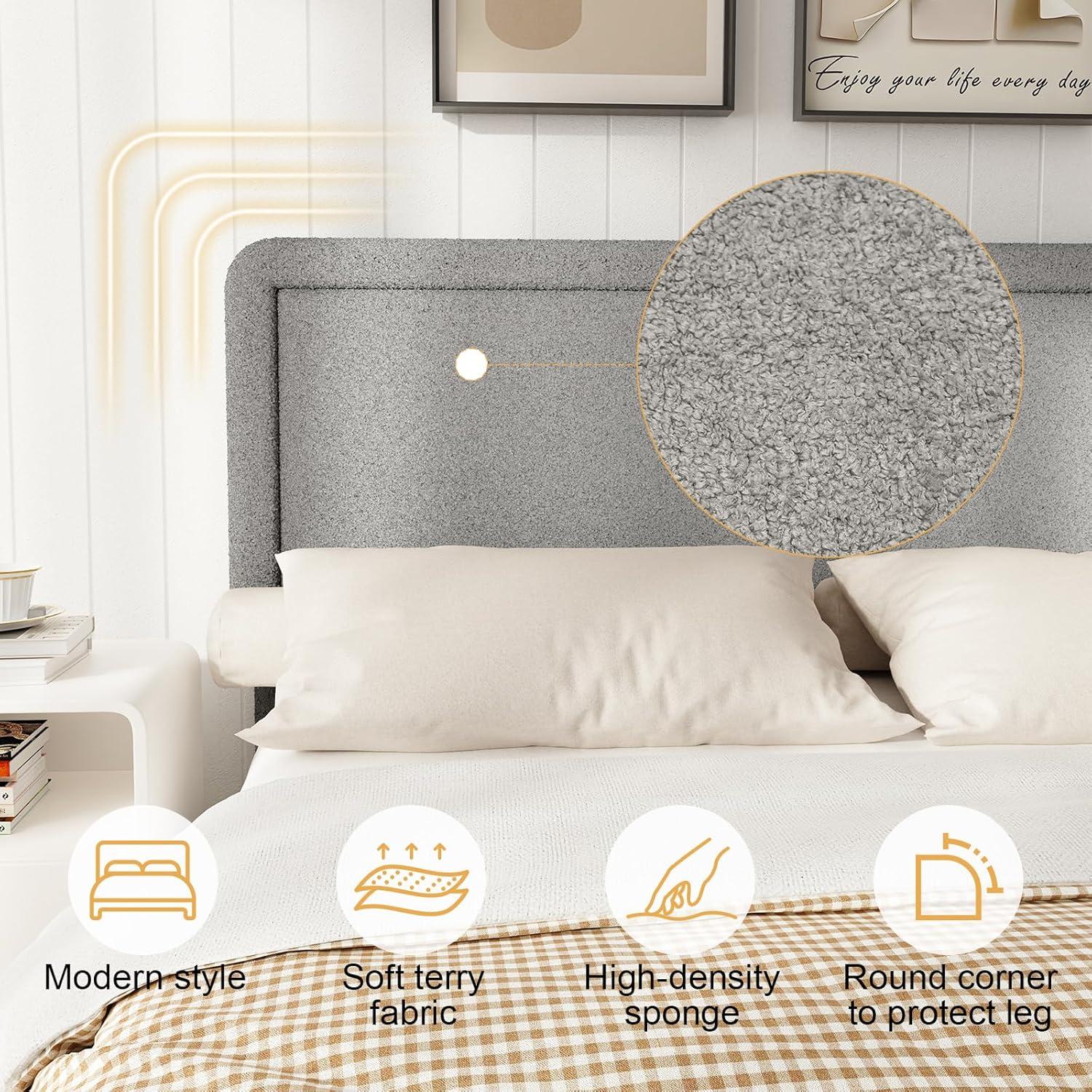 Queen Size Boucle Bed Frame, Upholstered Cloud Bed Frame with Adjustable Headboard, Soft Rounded Corners, No Box Spring Required, Easy Assembly, Black