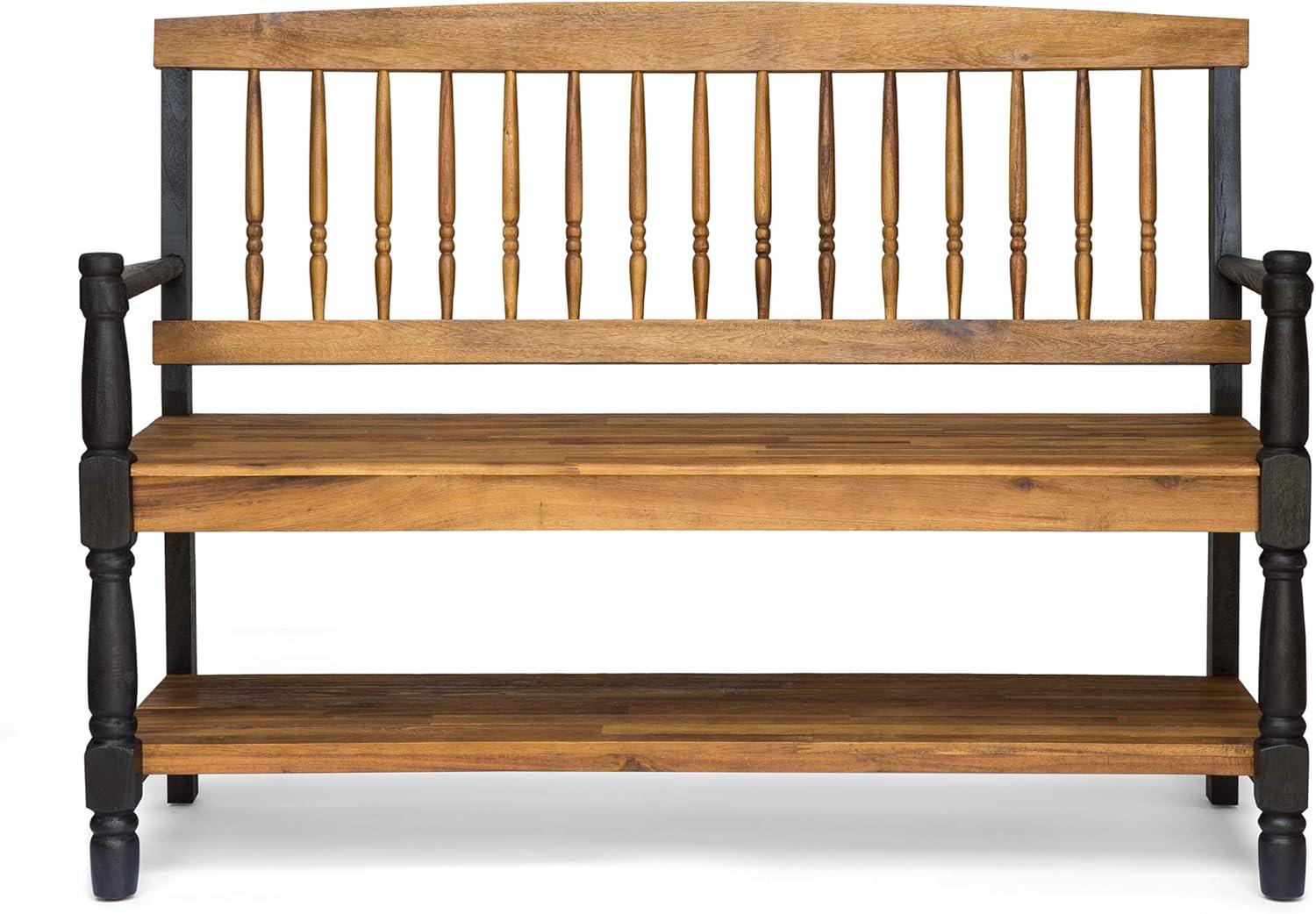 Teak and Black Acacia Wood Bench with Shelf, 51"
