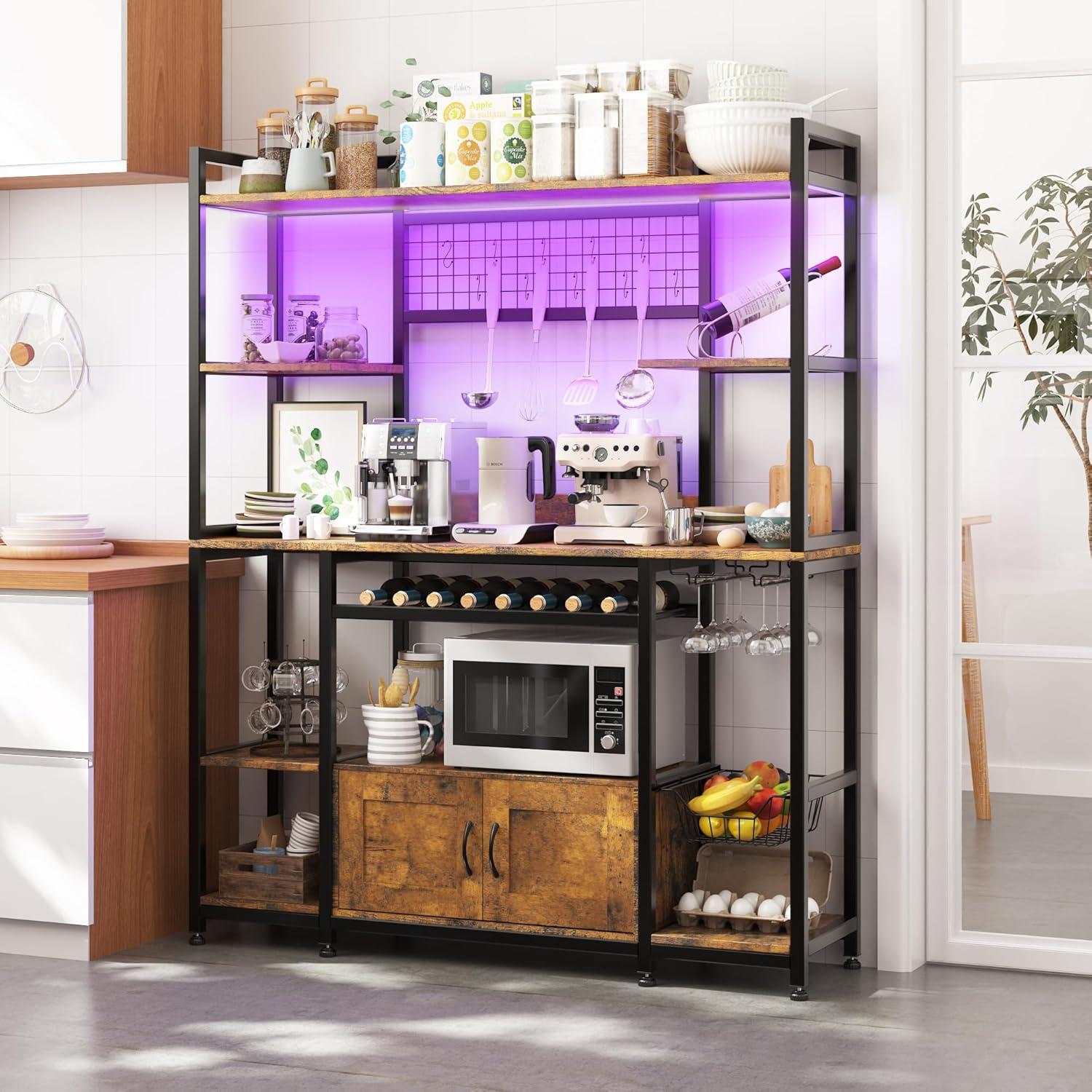Ataucjin 55" 5-Tier Bakers Rack With Power Outlet And LED Light Kitchen Microwave Stand Farmhouse Coffee Bar Cabinet With Storage Shelf 10 Hooks Wire Basket Wine Rack For Spices Pots Pans