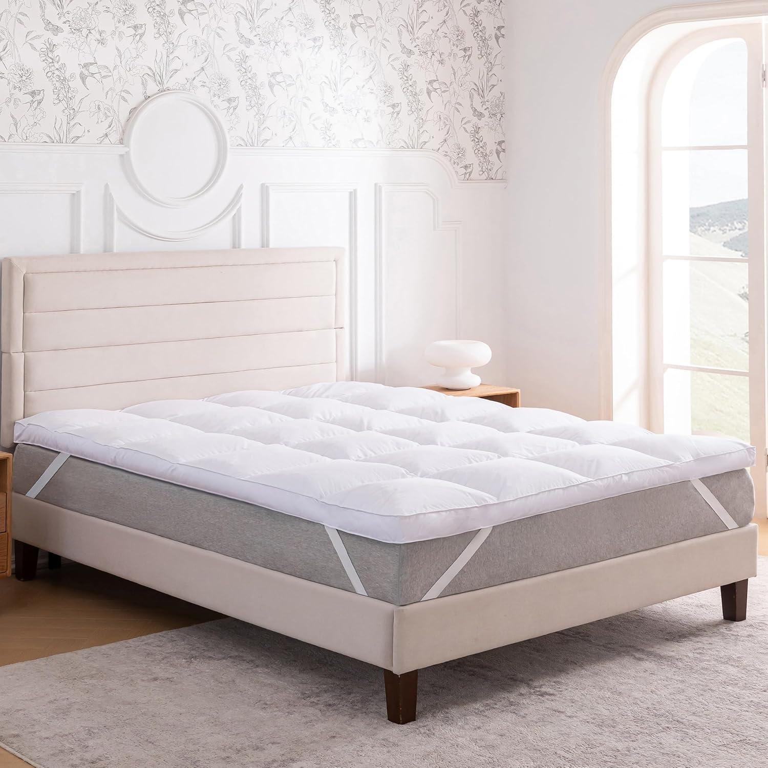 King White Goose Feather Mattress Topper with Organic Cotton Cover