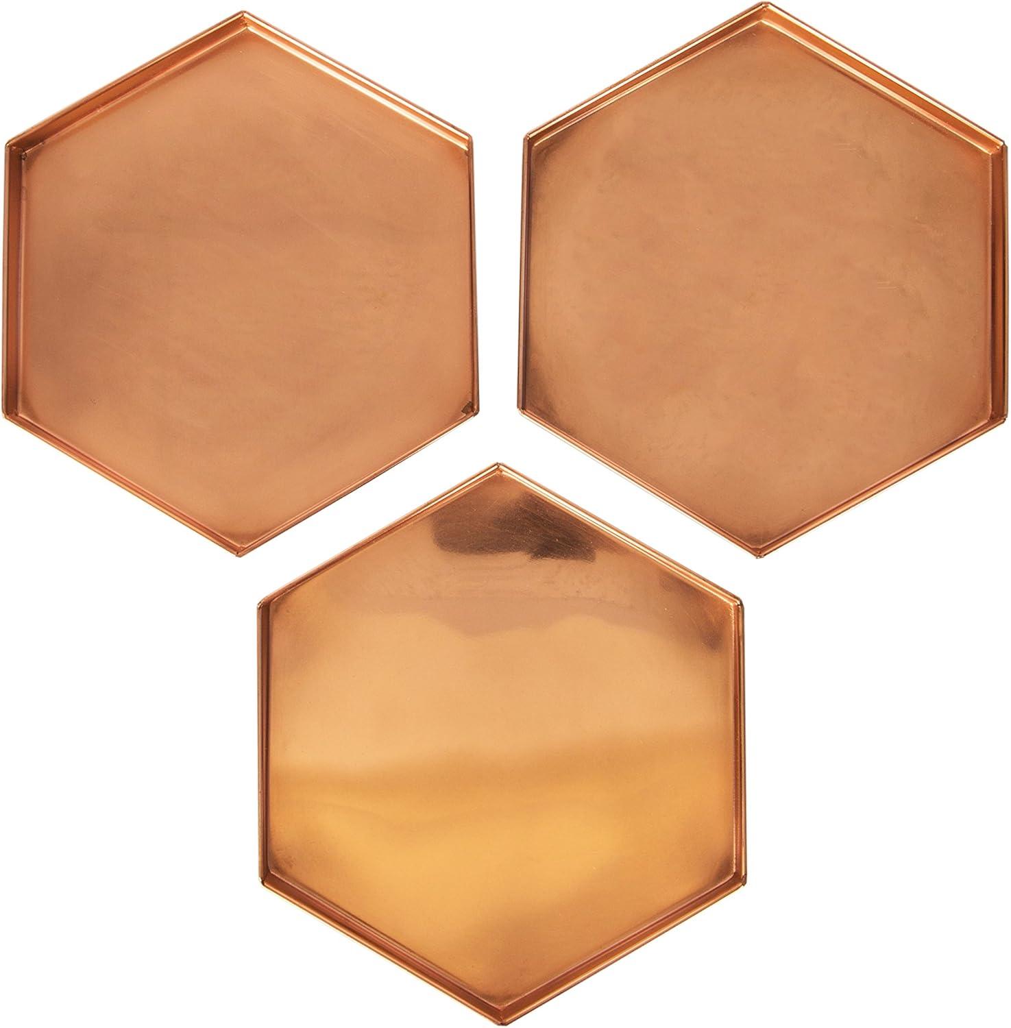 9" 3pc Decorative Hexagonal Stainless Steel Trays Copper Plated Finish - ACHLA Designs: Handmade, Rolled Edges, Indoor/Outdoor Use