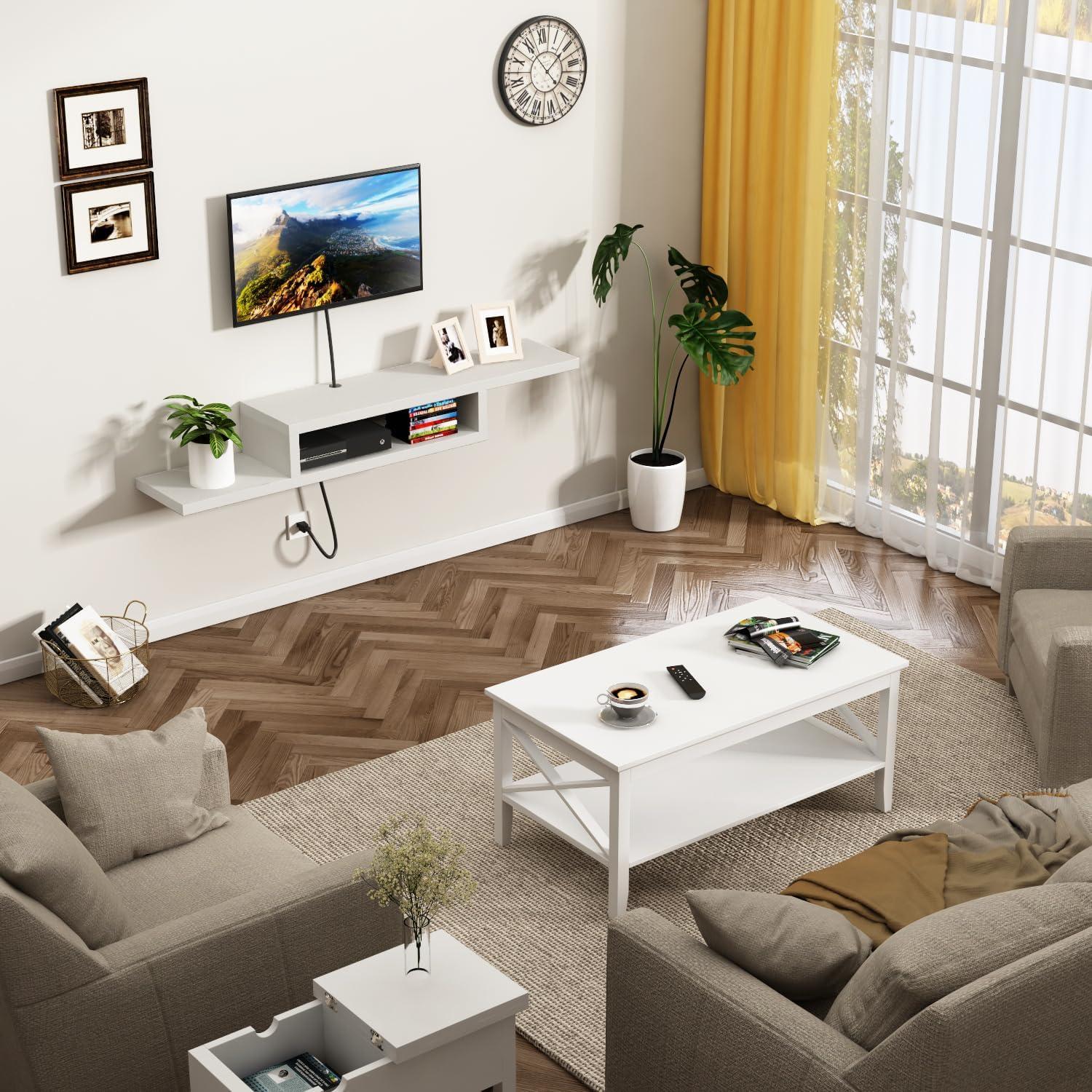 ChooChoo Floating TV Stand Shelf, Wall Mount Entertainment Center Media Console for Living Room, Bedroom, White