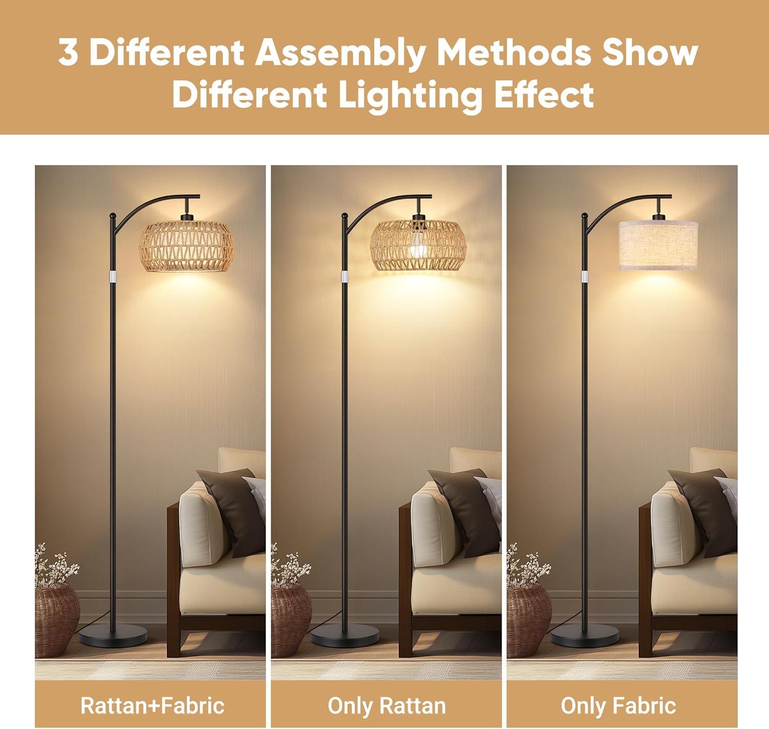 ROTTOGOON Boho Floor Lamp with Dimmable Bulb, Rattan &Linen Double Shades, Boho Standing Tall Lamps with Foot Switch, Bohemian Floor Lamps for Living Room, Bedroom, Office