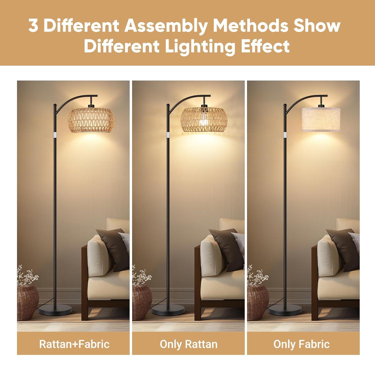 ROTTOGOON Boho Floor Lamp with Dimmable Bulb, Rattan &Linen Double Shades, Boho Standing Tall Lamps with Foot Switch, Bohemian Floor Lamps for Living Room, Bedroom, Office
