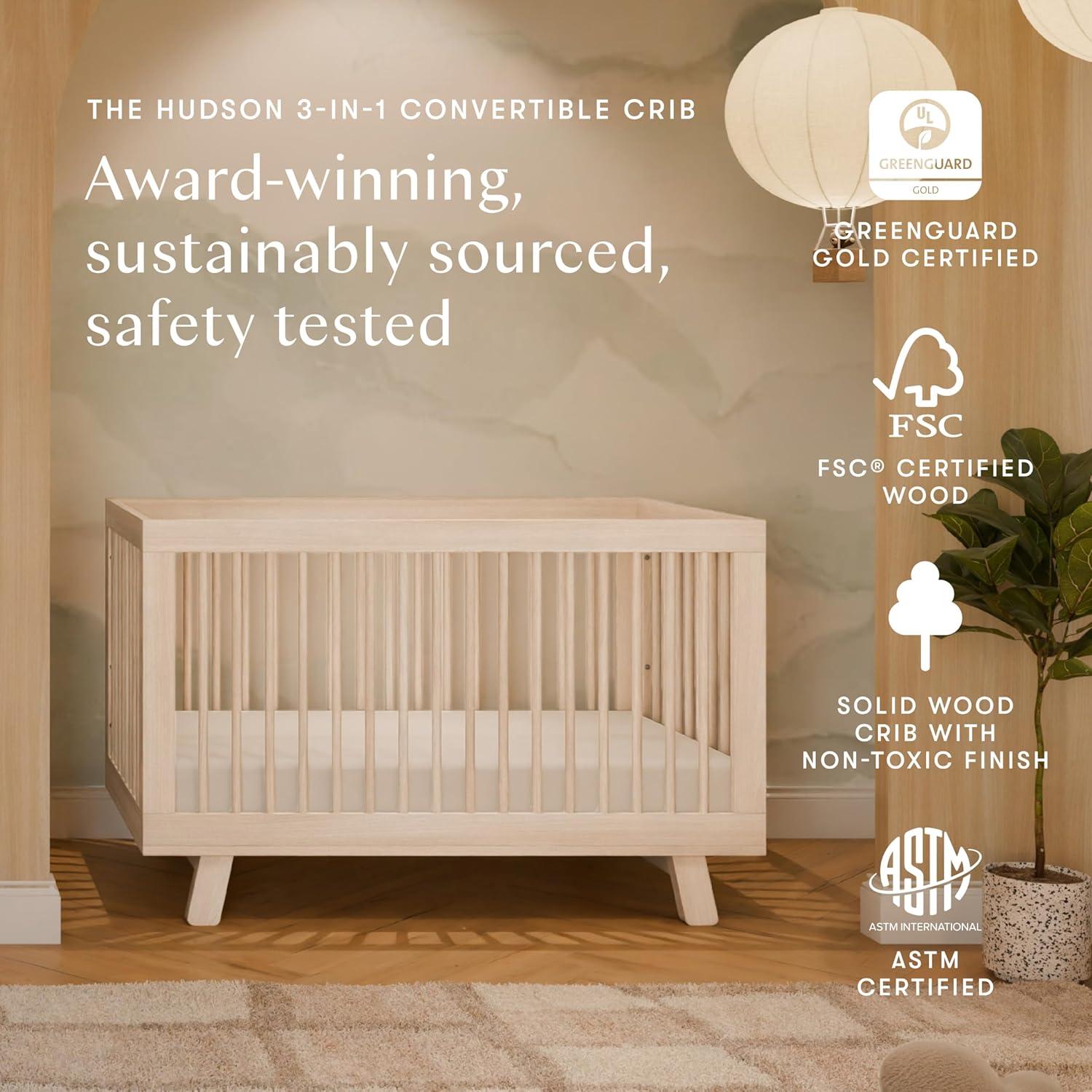Babyletto Hudson Washed Natural Wood 3-in-1 Convertible Baby Crib with Toddler Bed Conversion Kit