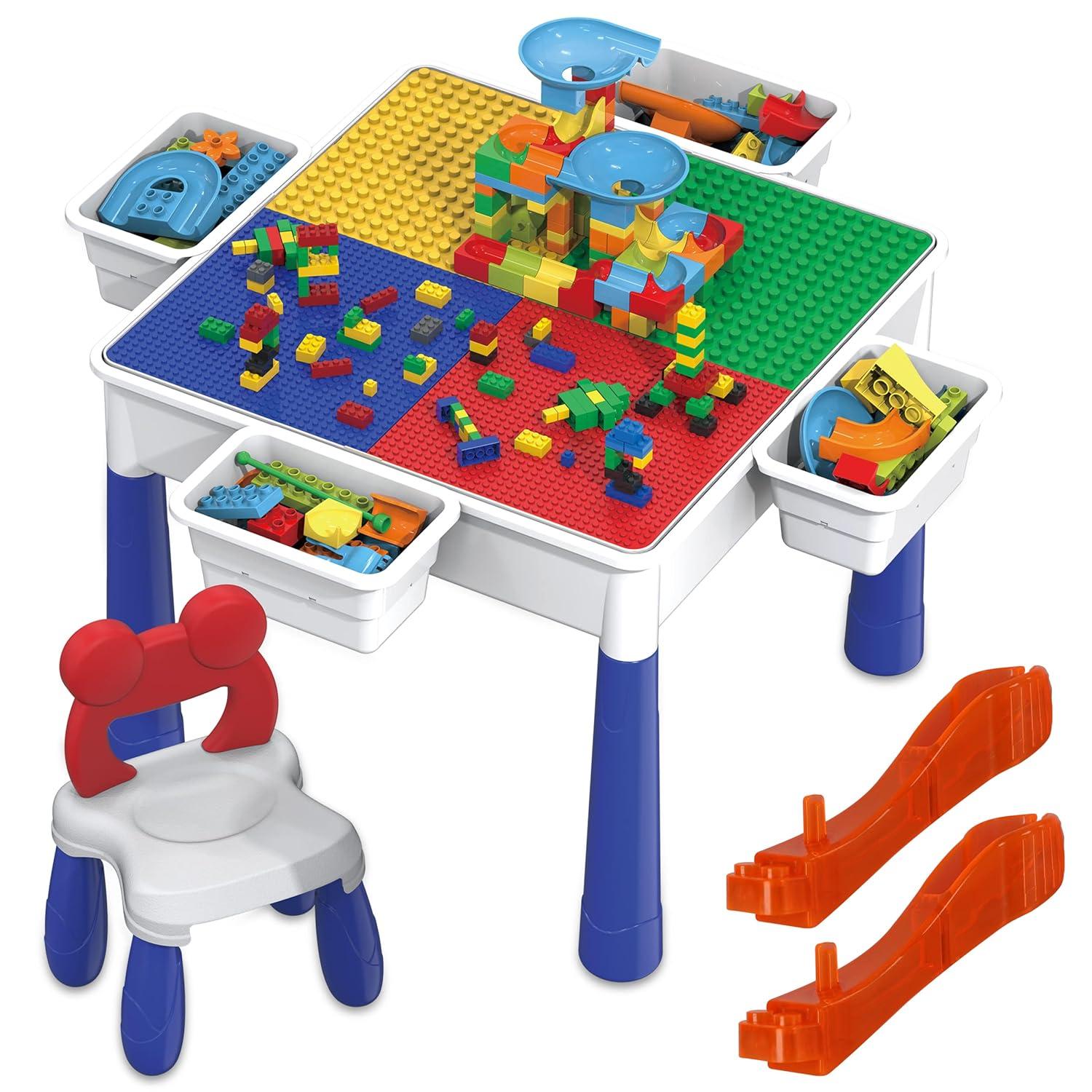 PICASSO-TILES Bricks Building Blocks with Marble Run 581PCS, Activity Table and Chair for Kids, Construction STEM Educational Toy