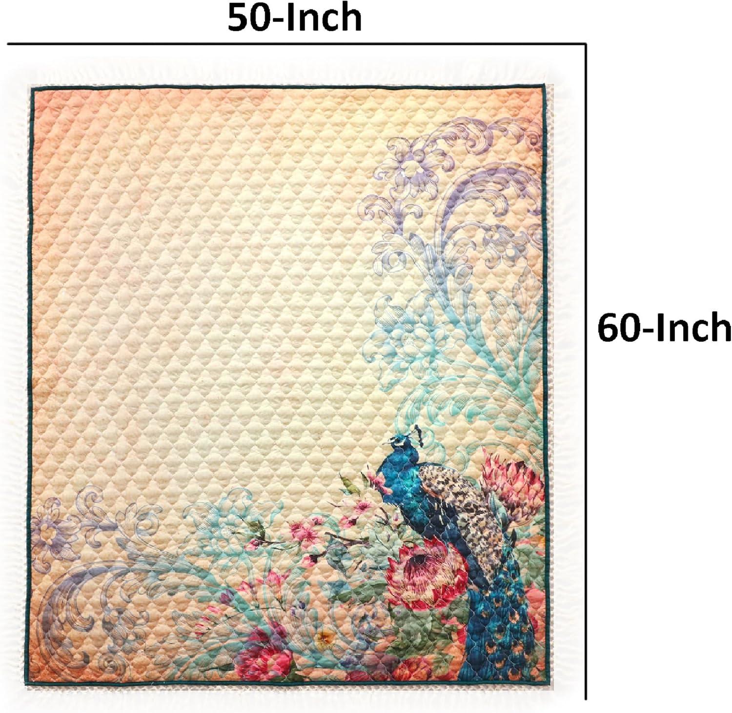 Ufa 60 Inch Quilted Throw Blanket, Blue Microfiber, Peacock, Floral Design- Saltoro Sherpi