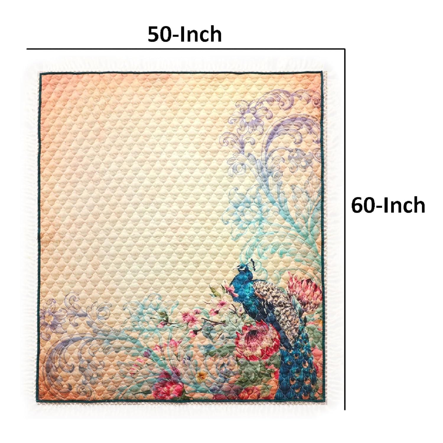 Ufa 60 Inch Quilted Throw Blanket, Blue Microfiber, Peacock, Floral Design- Saltoro Sherpi