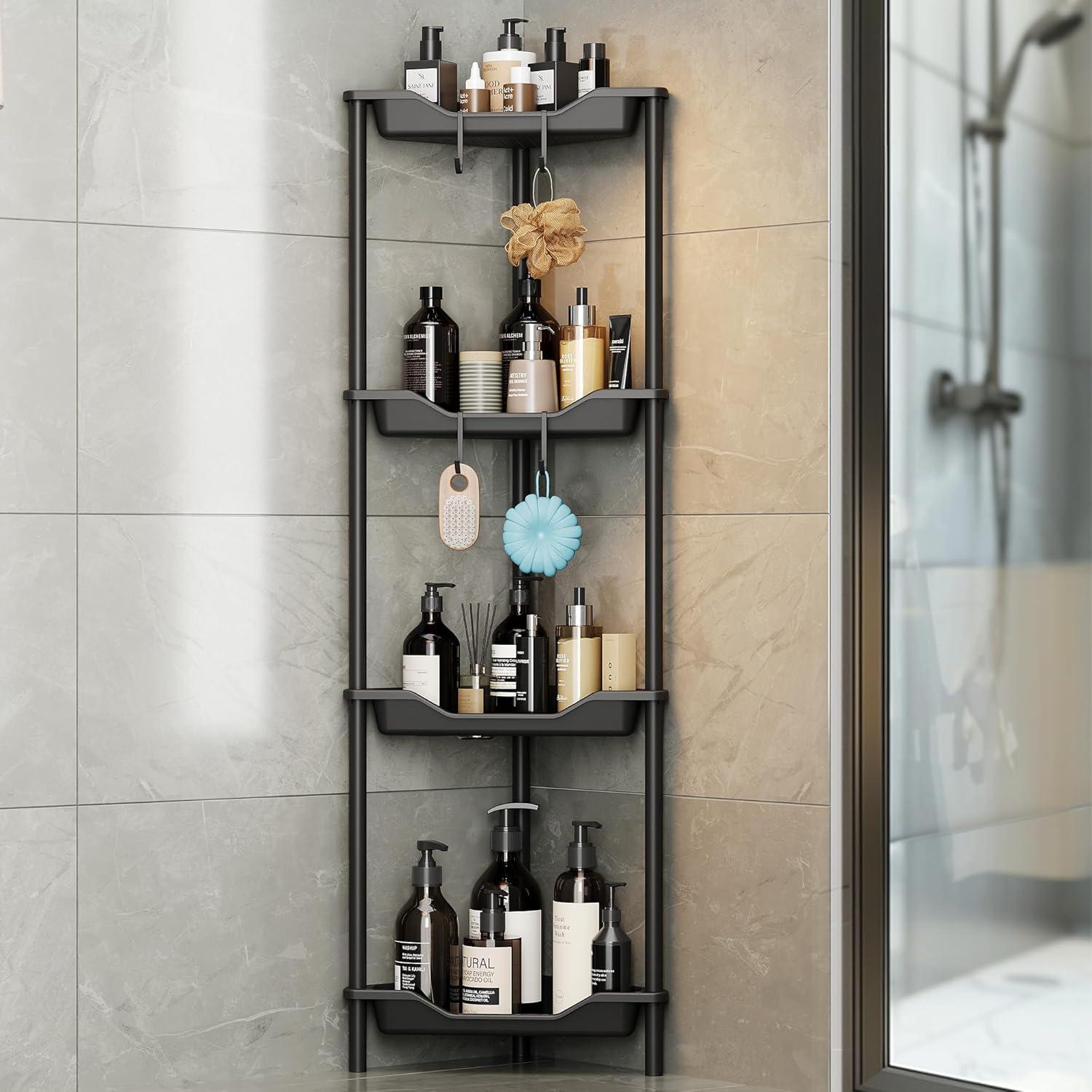 Black 4-Tier Plastic and Metal Corner Shower Caddy Organizer