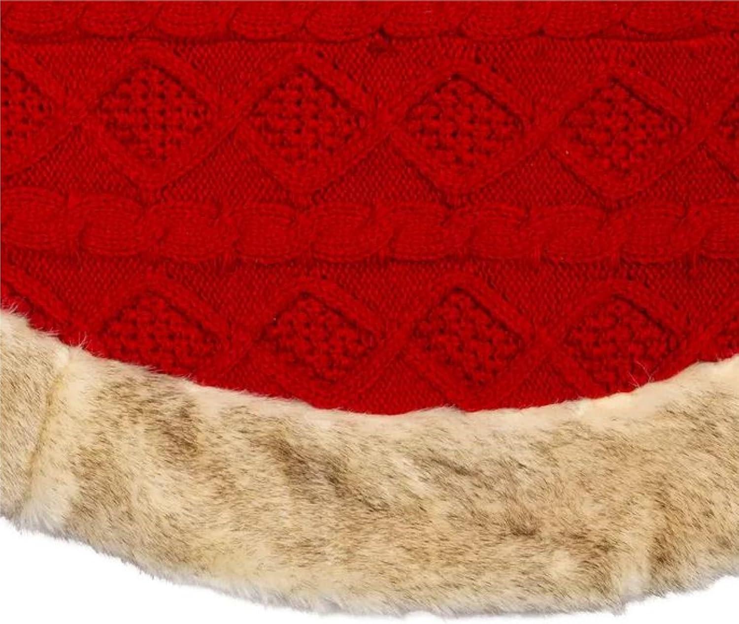 Kurt Adler 48-Inch Red Knit Tree Skirt with Tan Faux Fur Border