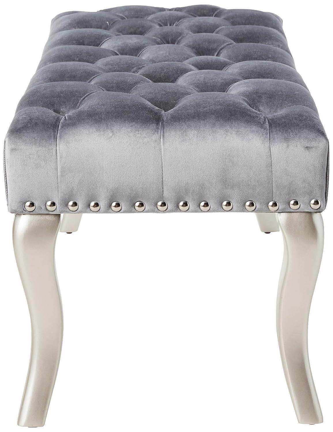 Roundhill Furniture Decor Maxem Tufted Fabric Upholstered Seat with Nailhead Trim Bench, Gray