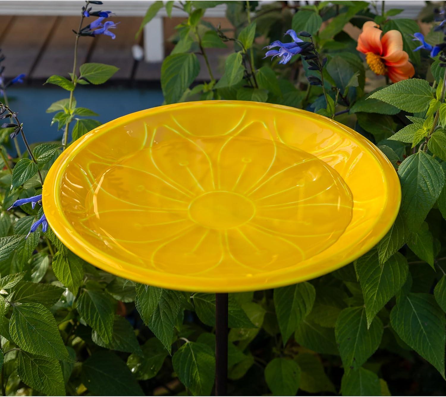 Sunflower Yellow Glass Birdbath with Iron Stake