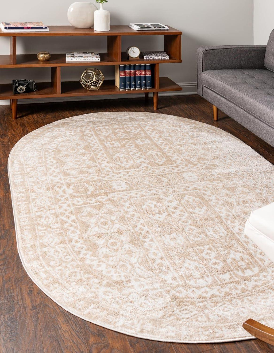 Beige/Ivory Oval Floral Synthetic 4' x 6' Easy-Care Rug