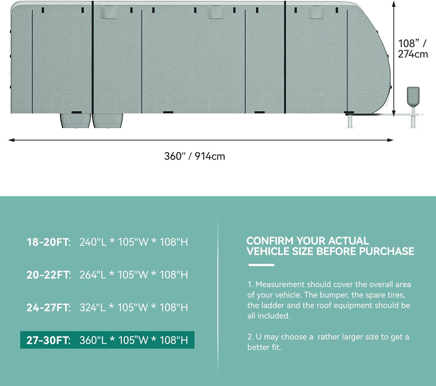 Travel Tailer RV Cover Camper Cover 27-30ft Super Thick Waterproof Windproof Anti-UV Rip-Stop Motorhome Covers with 2 Long Straps 4 Tire Covers Tongue Jack Cover