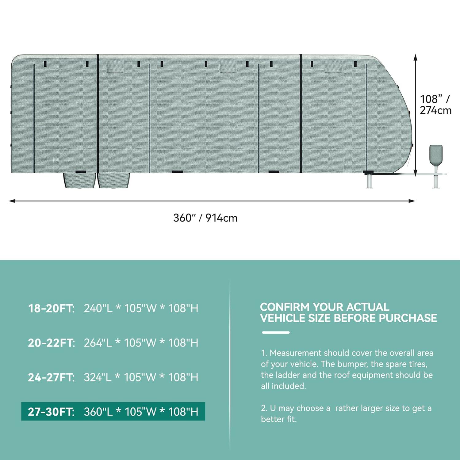 Travel Tailer RV Cover Camper Cover 27-30ft Super Thick Waterproof Windproof Anti-UV Rip-Stop Motorhome Covers with 2 Long Straps 4 Tire Covers Tongue Jack Cover