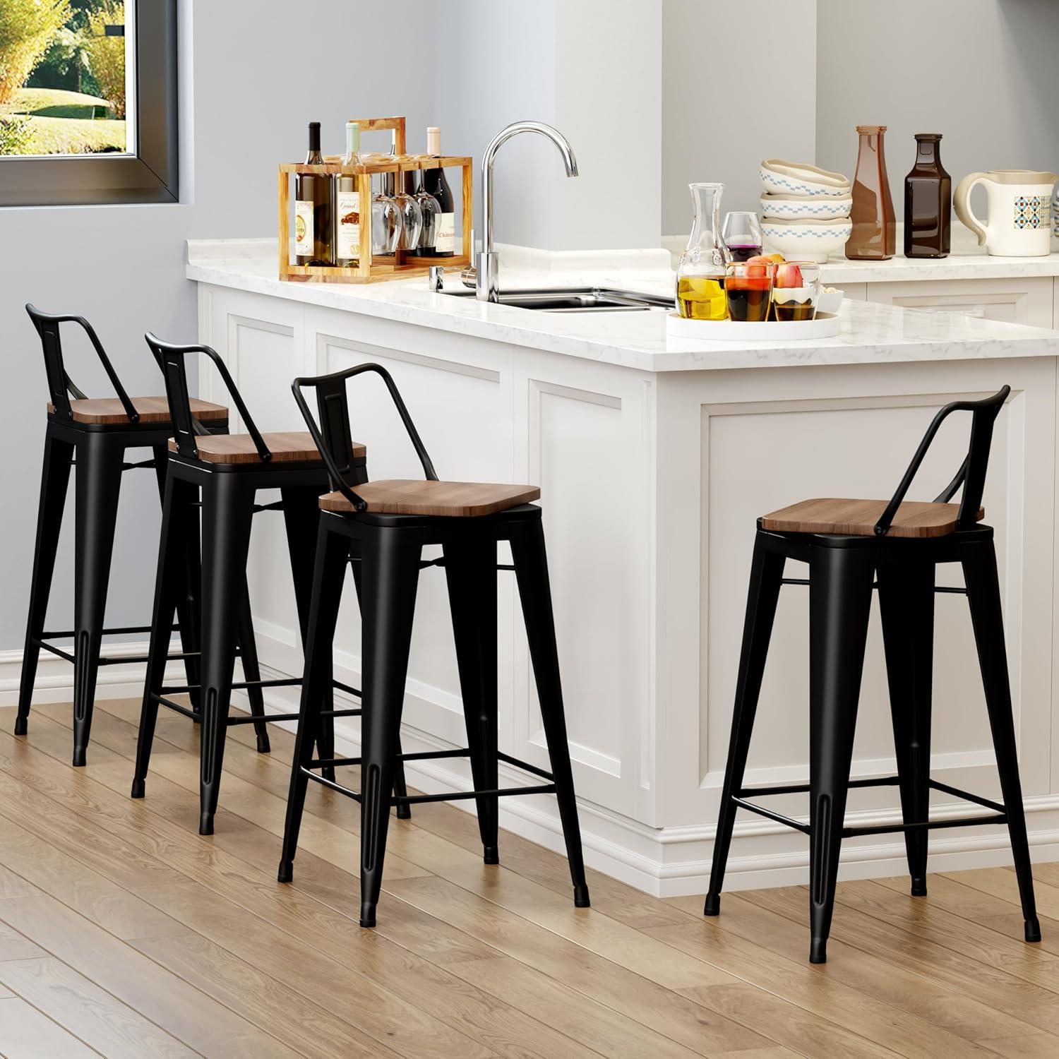 Killeryuki 24'' Metal Bar Stool 4PCS Low Back Conuter Stools for Indoor/Outdoor Barstools Metal Black Stools Bar Chairs w/Wooden Seat Metal Leg Industrial Counter Height Stools Black