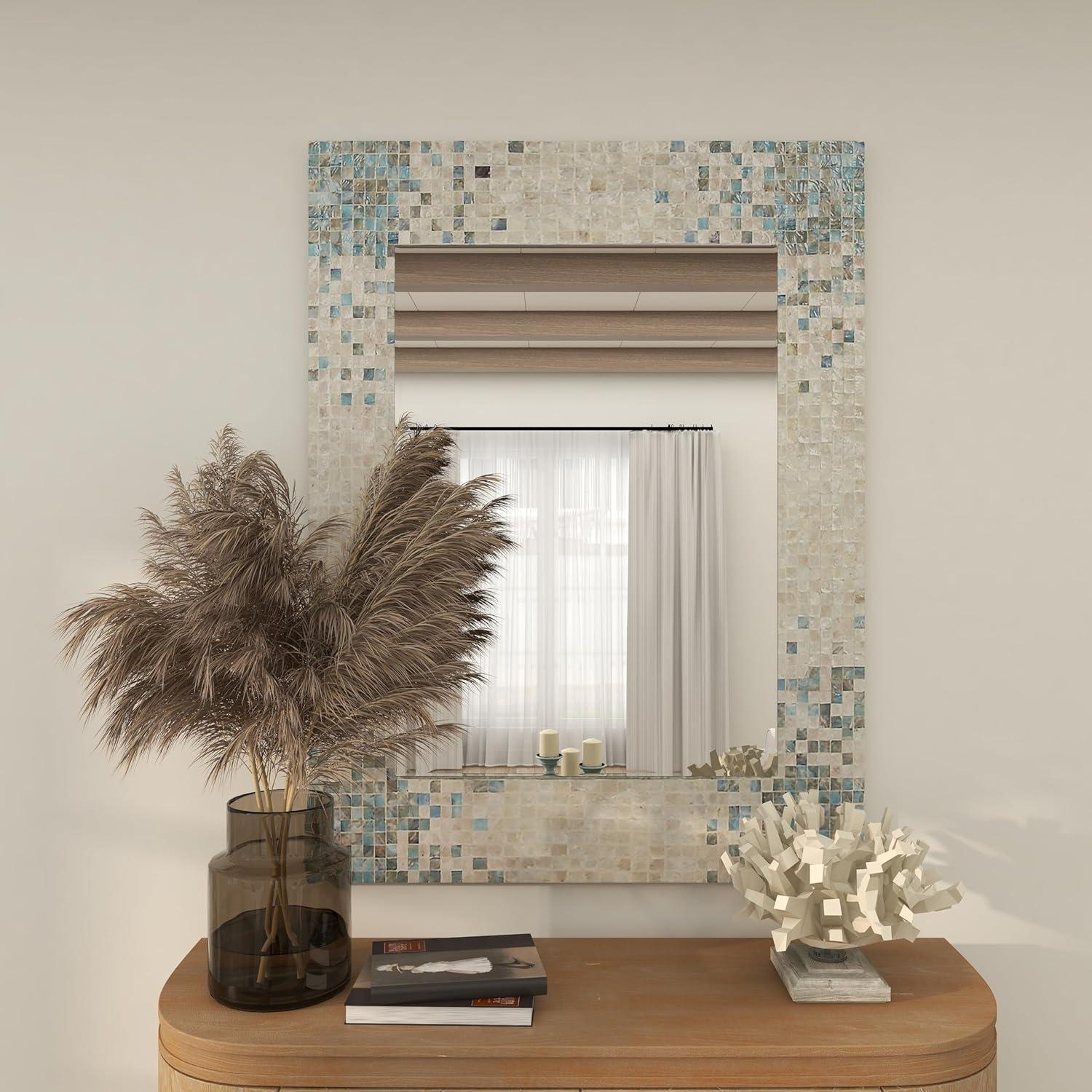 Mother of Pearl Handmade Mosaic Wall Mirror with Blue Corners Cream - Olivia & May